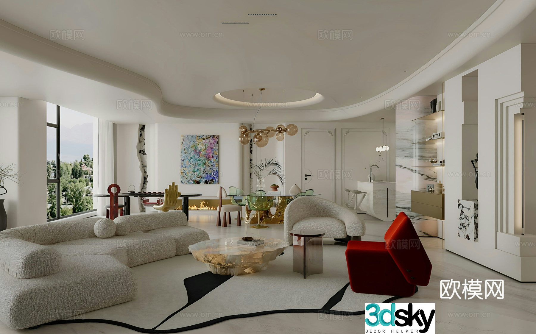 French light luxury home living room French light luxury mix and match large flat floor TV wall sofa set 3D model