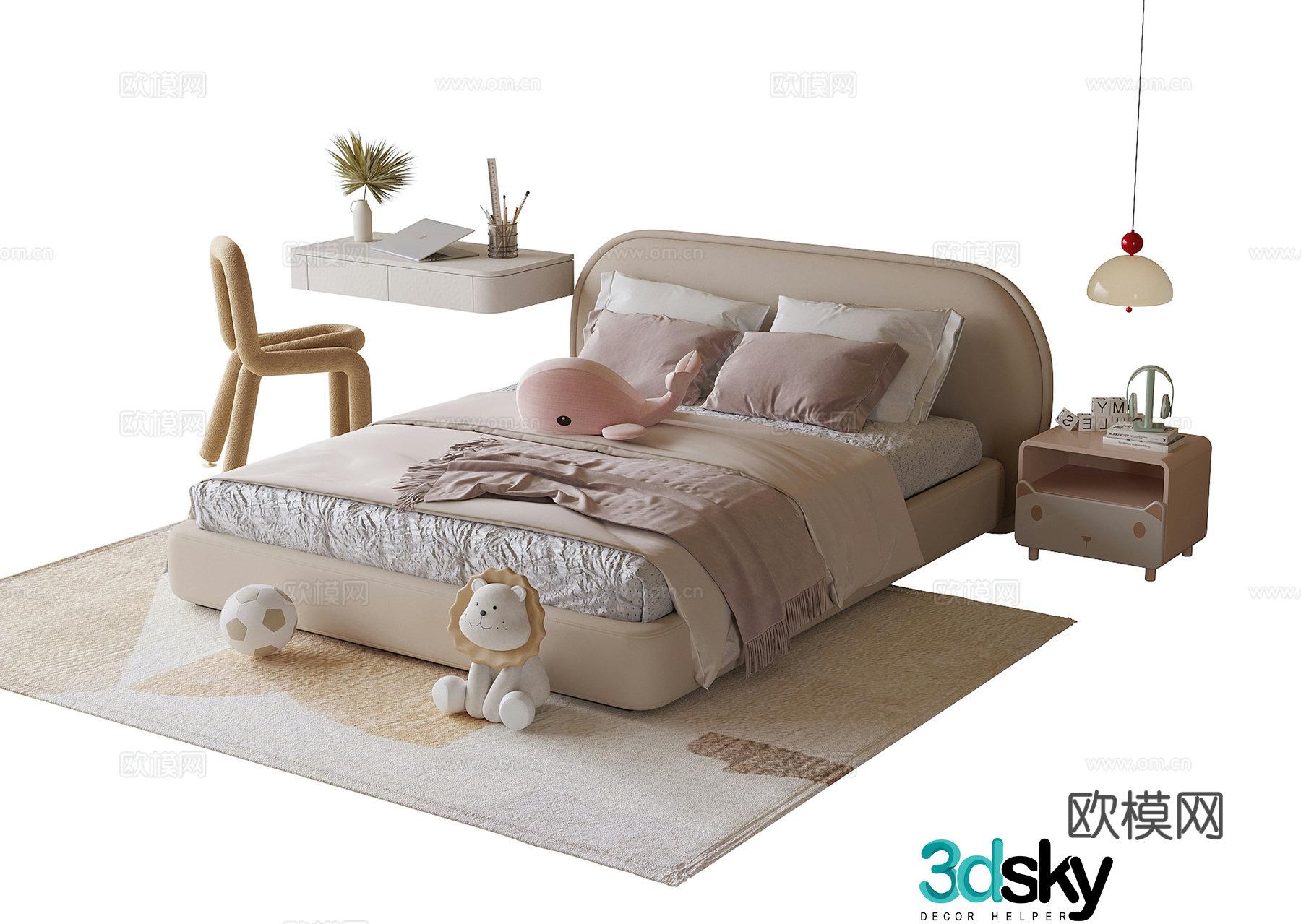 Modern children’s bed children’s desk and chair children’s bedside table 3D model