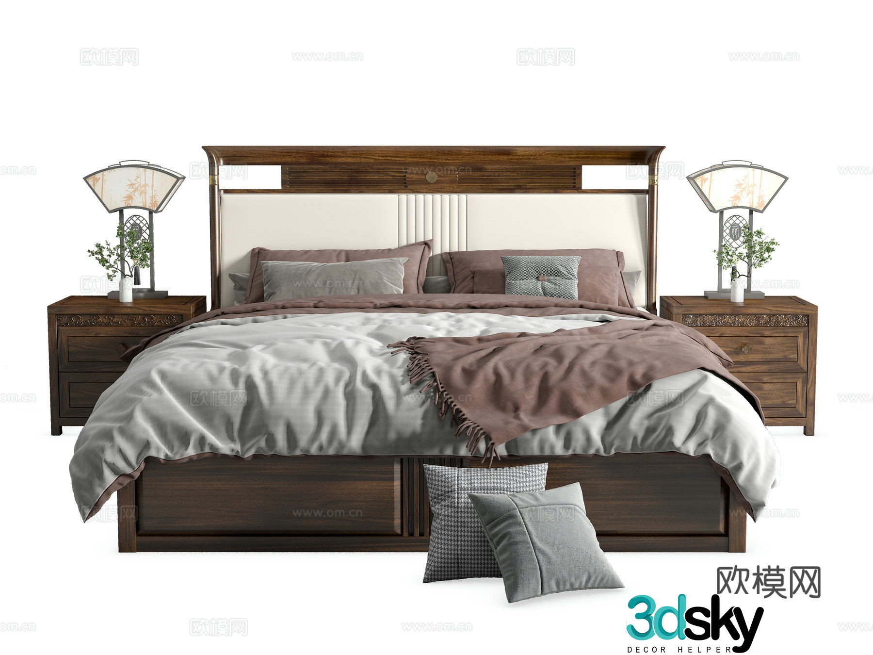 New Chinese style bed solid wood bed black gold wooden double bed bedside table bedroom bed 3D model