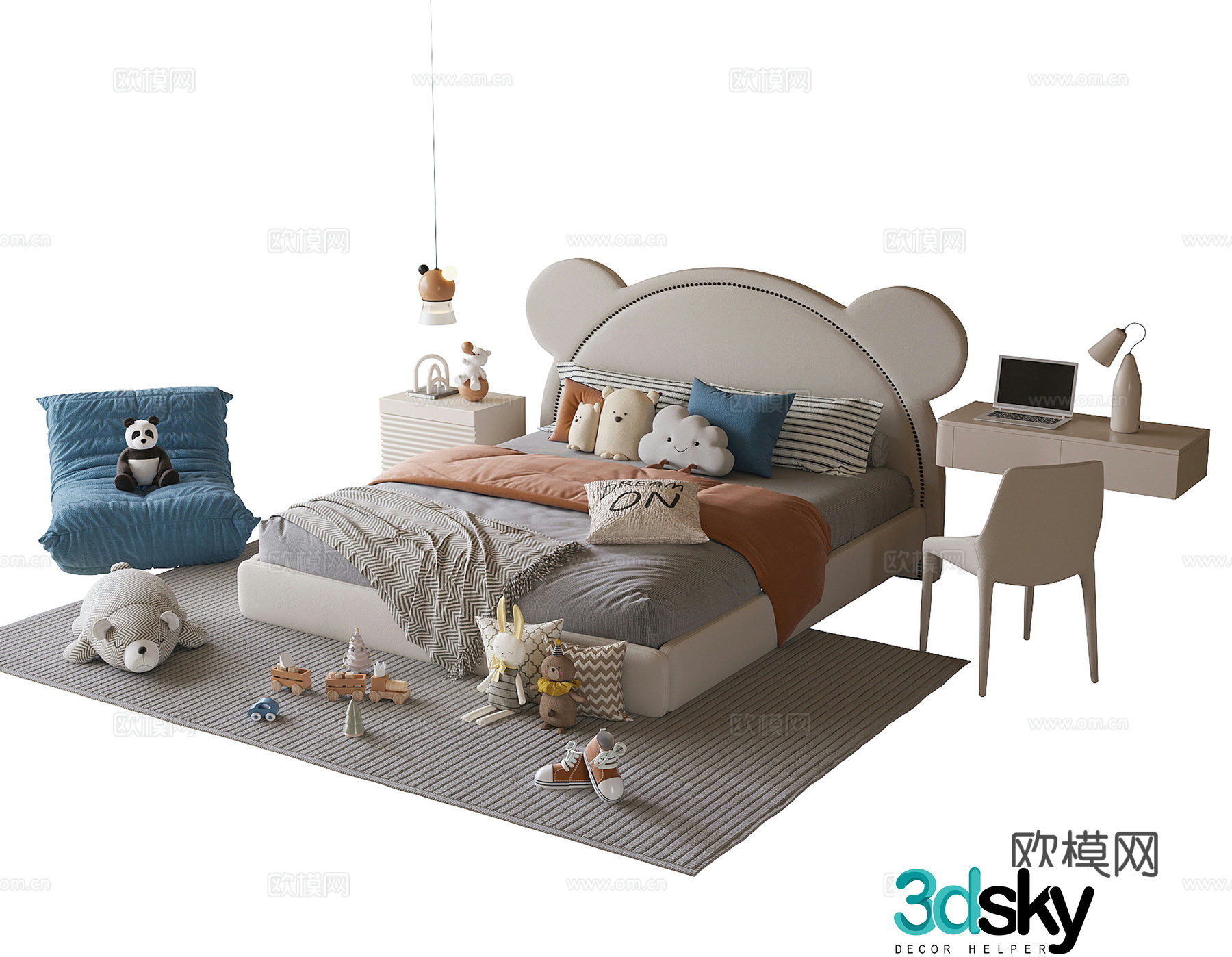 Modern children’s bed children’s desk and chair 3d model