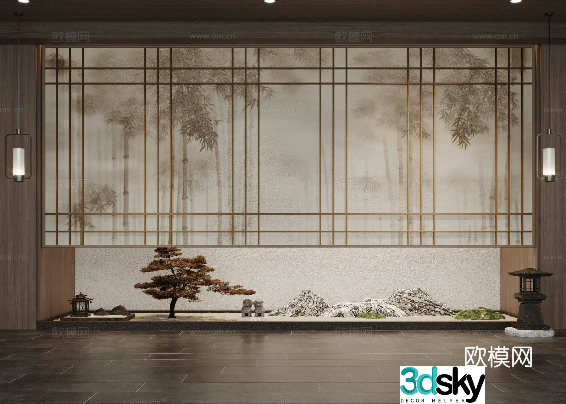 New Chinese style interior landscape landscaping DuPont paper screen partition Landscape wall Rockery Tea room tea table 3D model