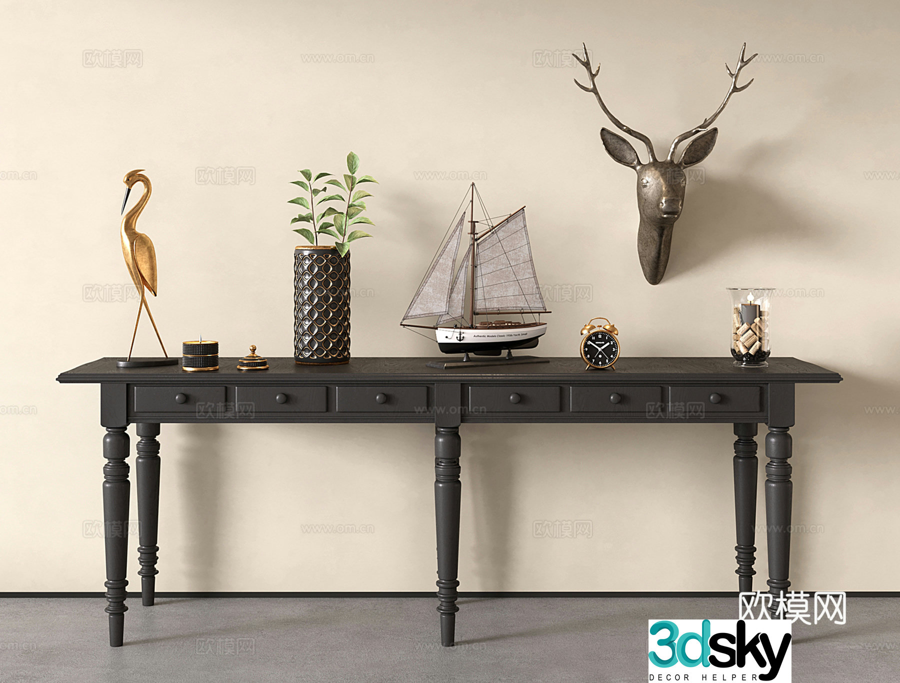 French retro plaque entrance decorative table deer head sculpture sailing 3d model
