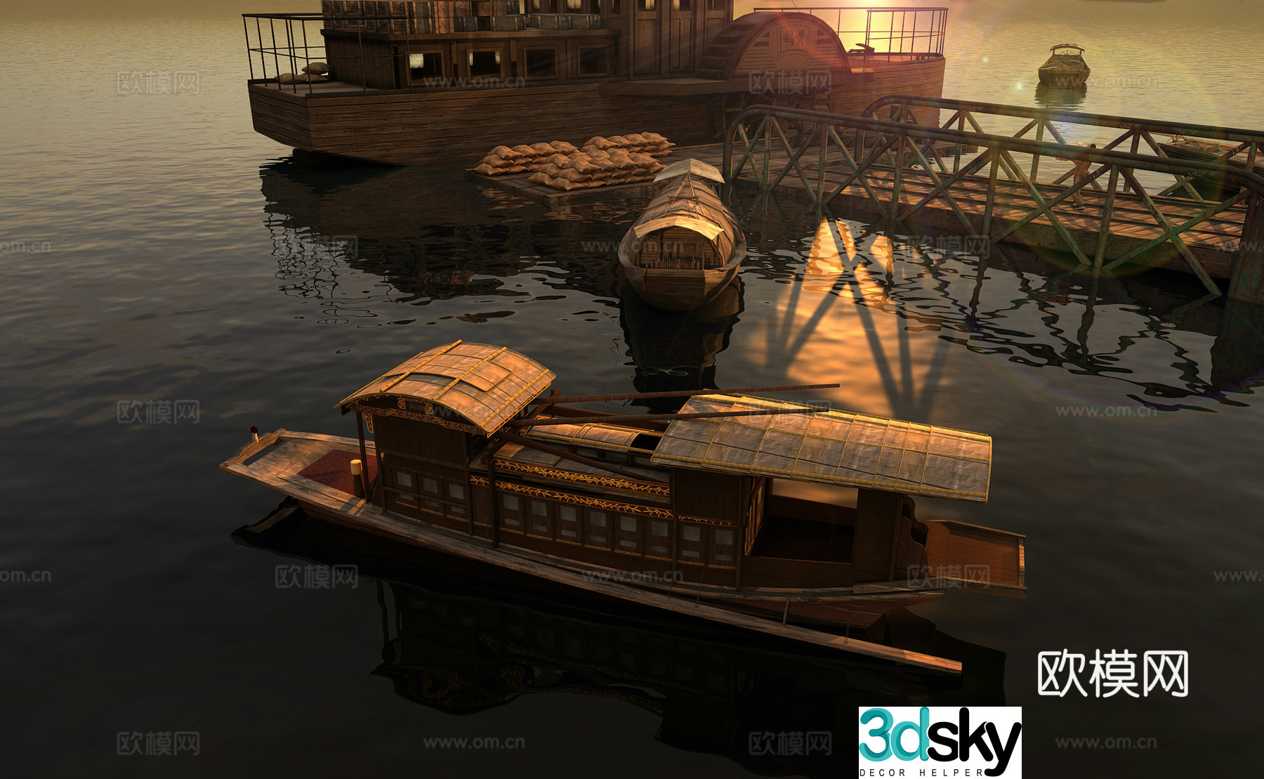 Retro Pier Red Boat 3d Model