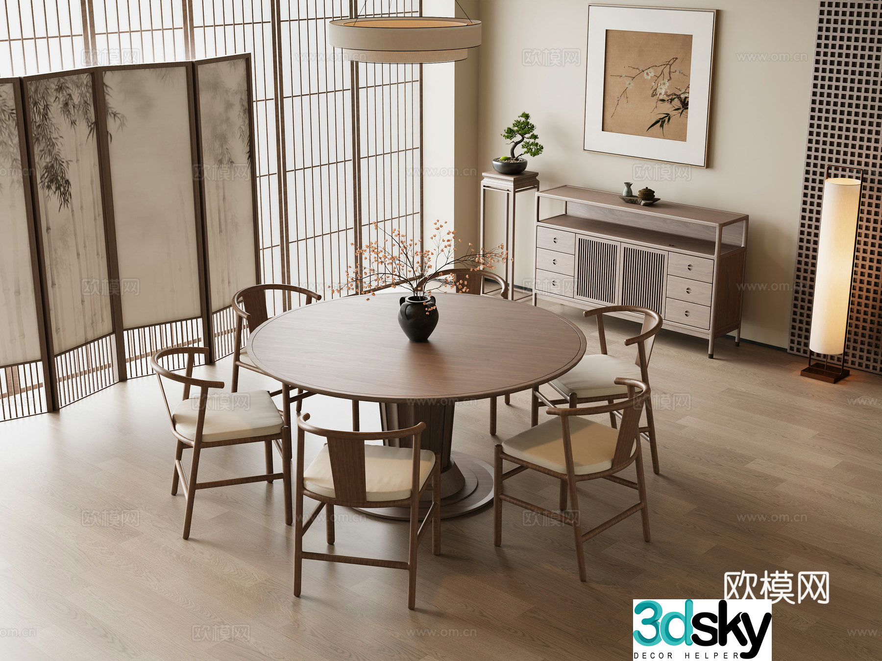 New Chinese restaurant Song-style restaurant Dining table and chairs Sideboard Screen Hanging paintings New Chinese lamp 3D model