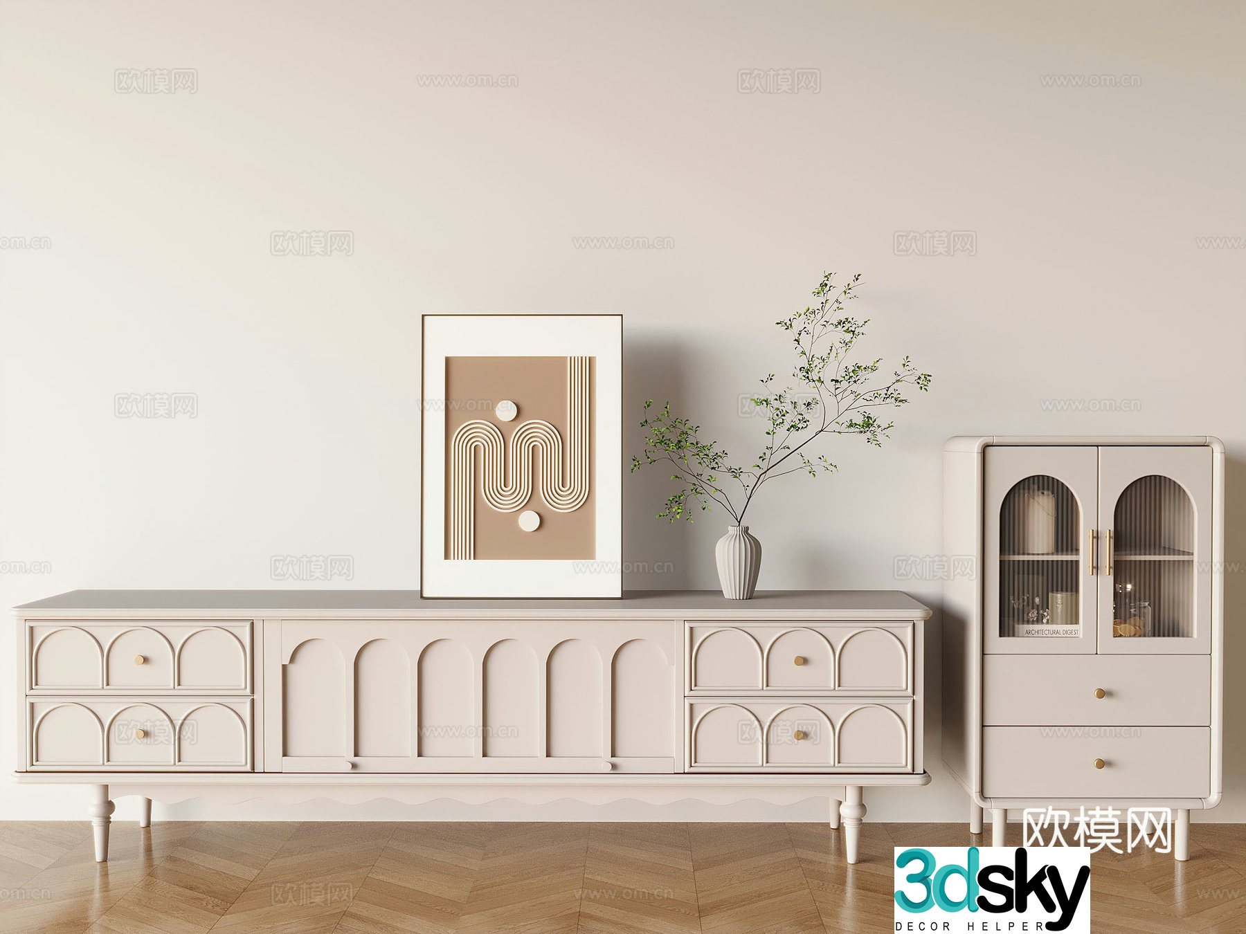 French cream-air TV cabinet solid wood storage side cabinet 3D model