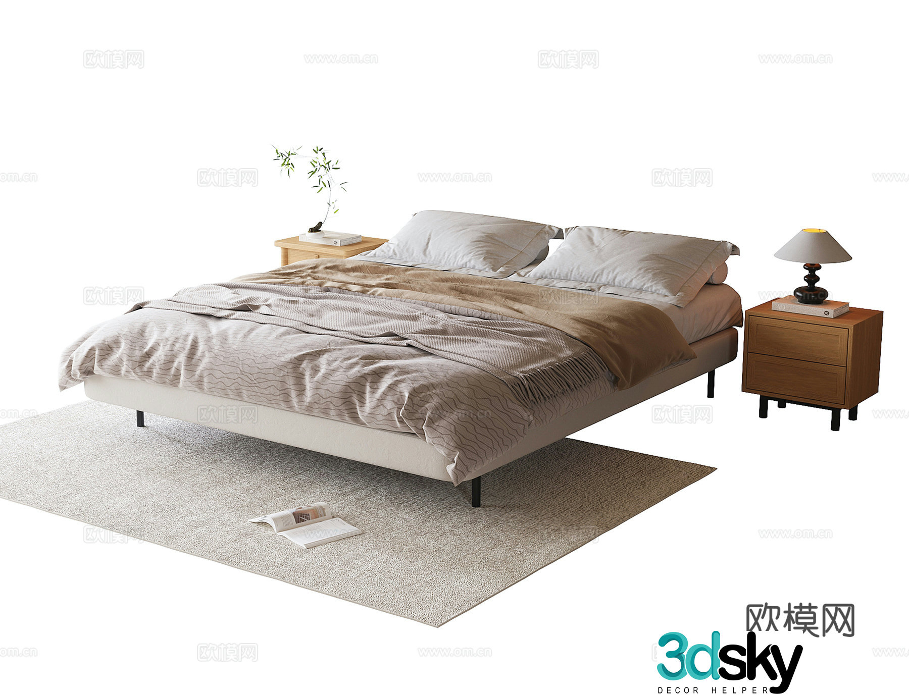Modern backrestless bed double bed 3d model