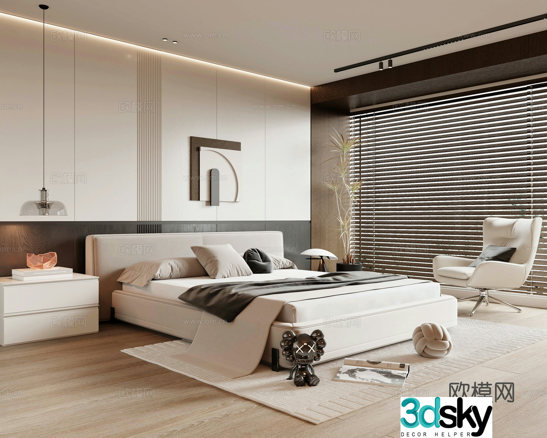 Italian bedroom minimalist master bedroom double bed nightstand wardrobe leisure chair 3d model