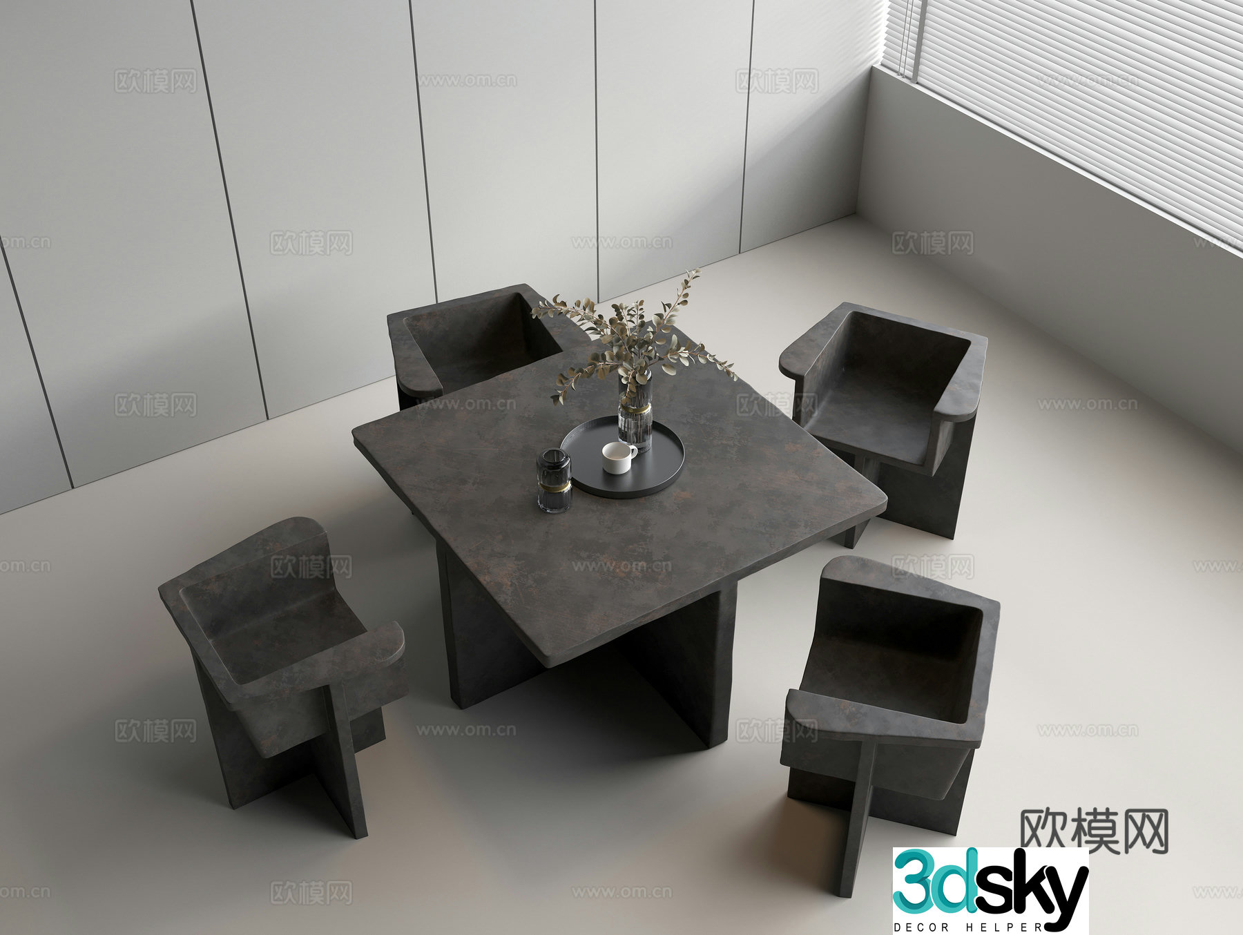 Leisure table and chair combination casual square table casual single chair vase green plant water cup 3d model
