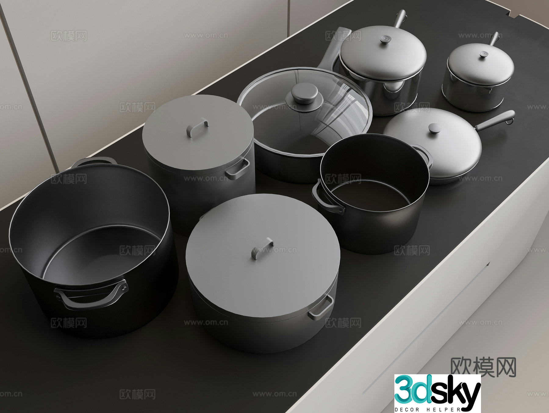 Pots soup pot milk pot frying pan wok double ear pot single handle pot 3d model