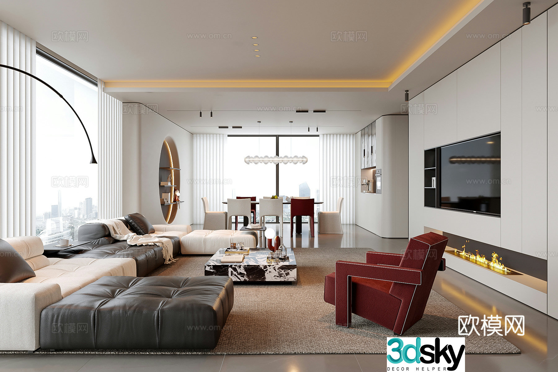 Modern living room living and dining room sofa coffee table dining table chairs 3D model