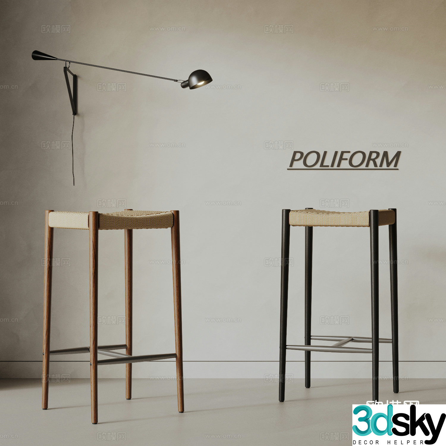 Middle-aged style woven bar stool combination solid wood bar stool bar chair bar chair Wasabi bar chair 3D model