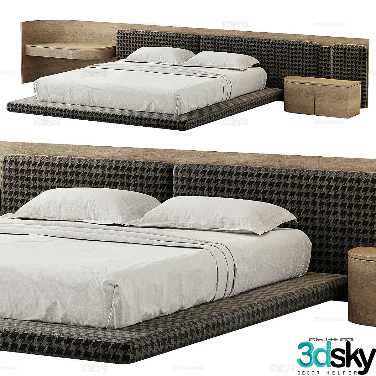 Modern Italian minimalist fabric double bed 3D model