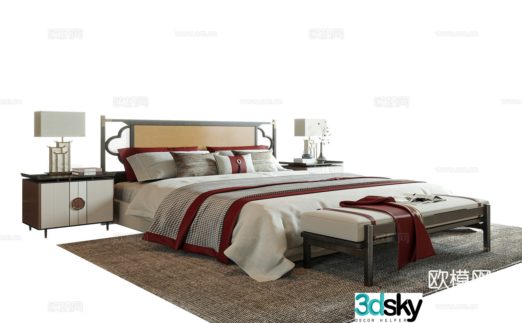 New Chinese style double bed bed tail stool bedside table 3D model