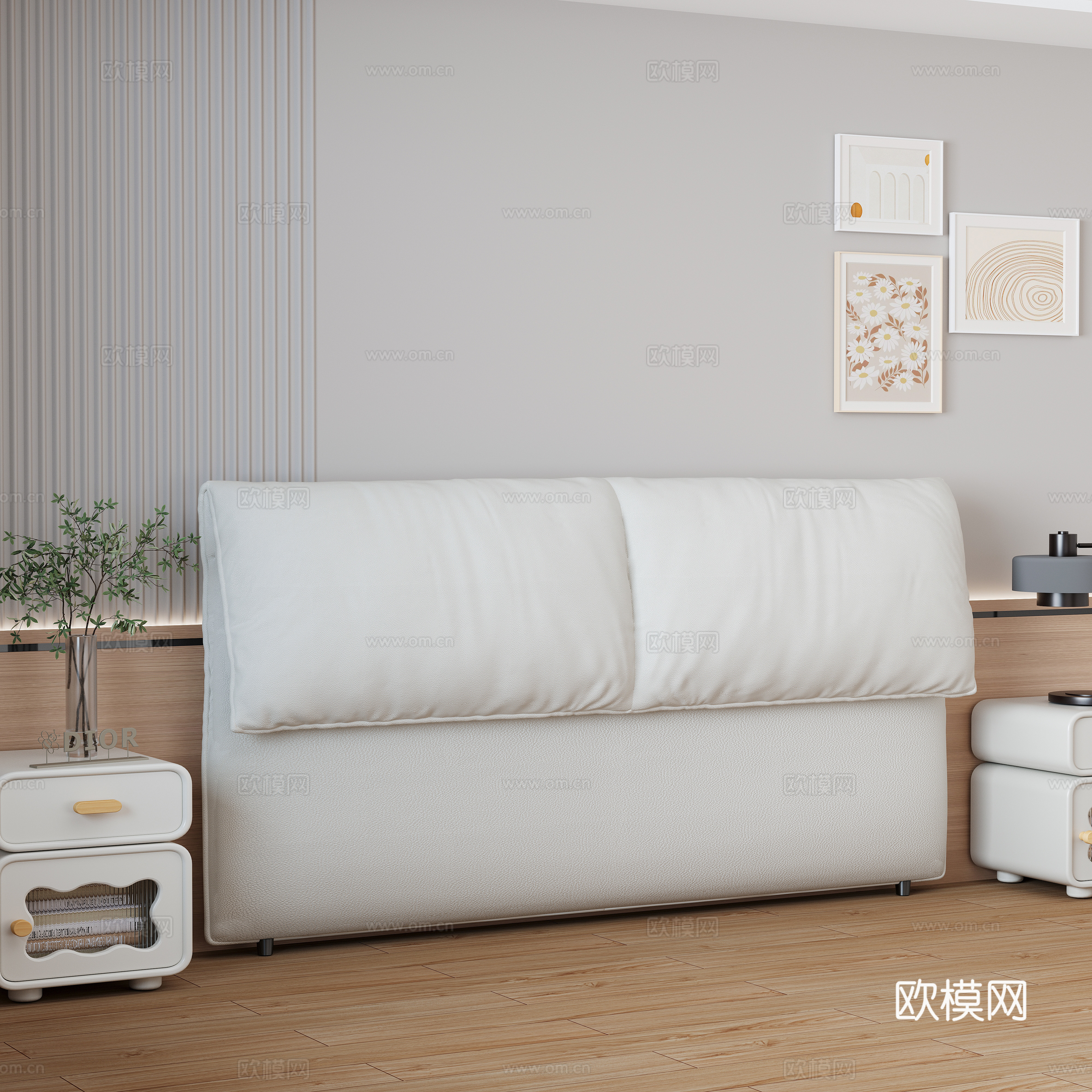 Bedroom bedside elephant ear hanging painting background wall grille bedside table acrylic wooden floor wall panel table lamp 3d model