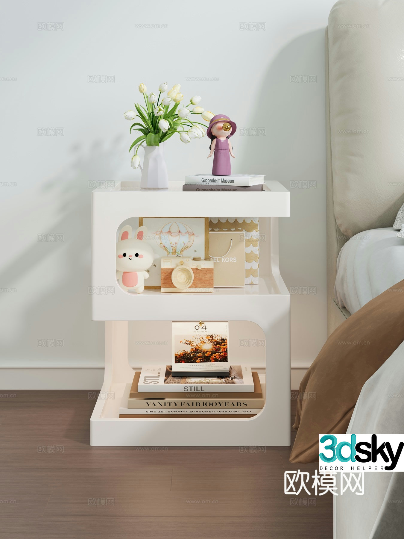 Ornament bedroom bedside table Jerkeley glass vase doll book handbag calendar bedding pillow quilt 3d model