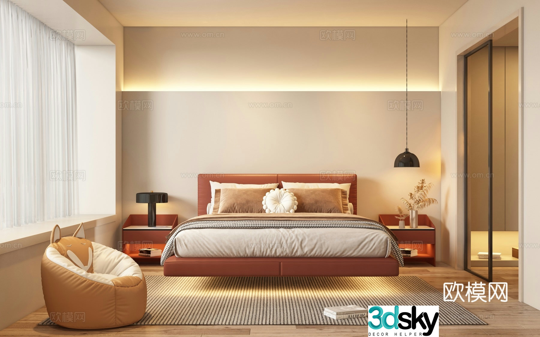 Modern double bed suspended bed 3d model