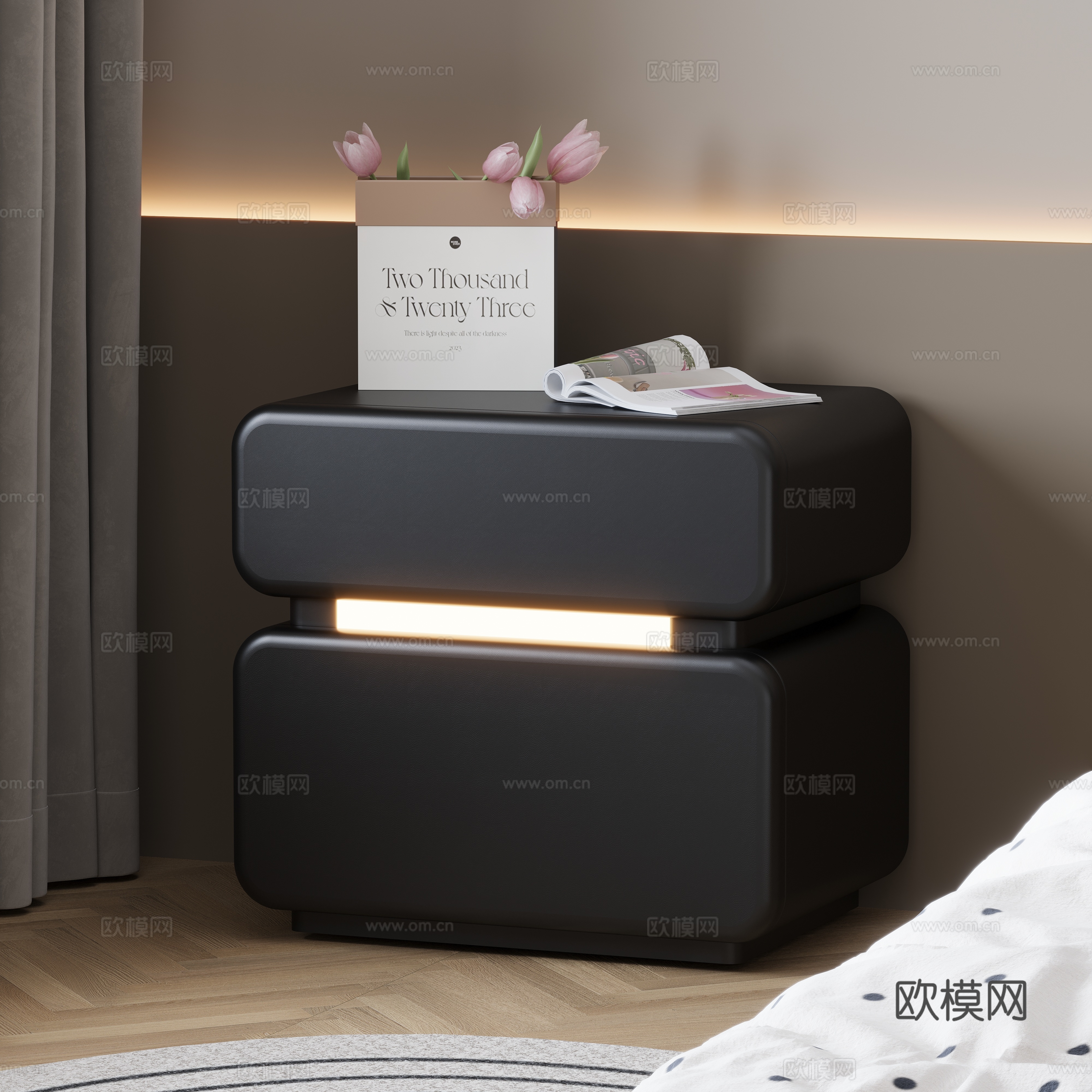 Bedside table bedroom vase cardboard box tulip magazine book bed curtain wall panel model wall background wall oil mixed 3d model
