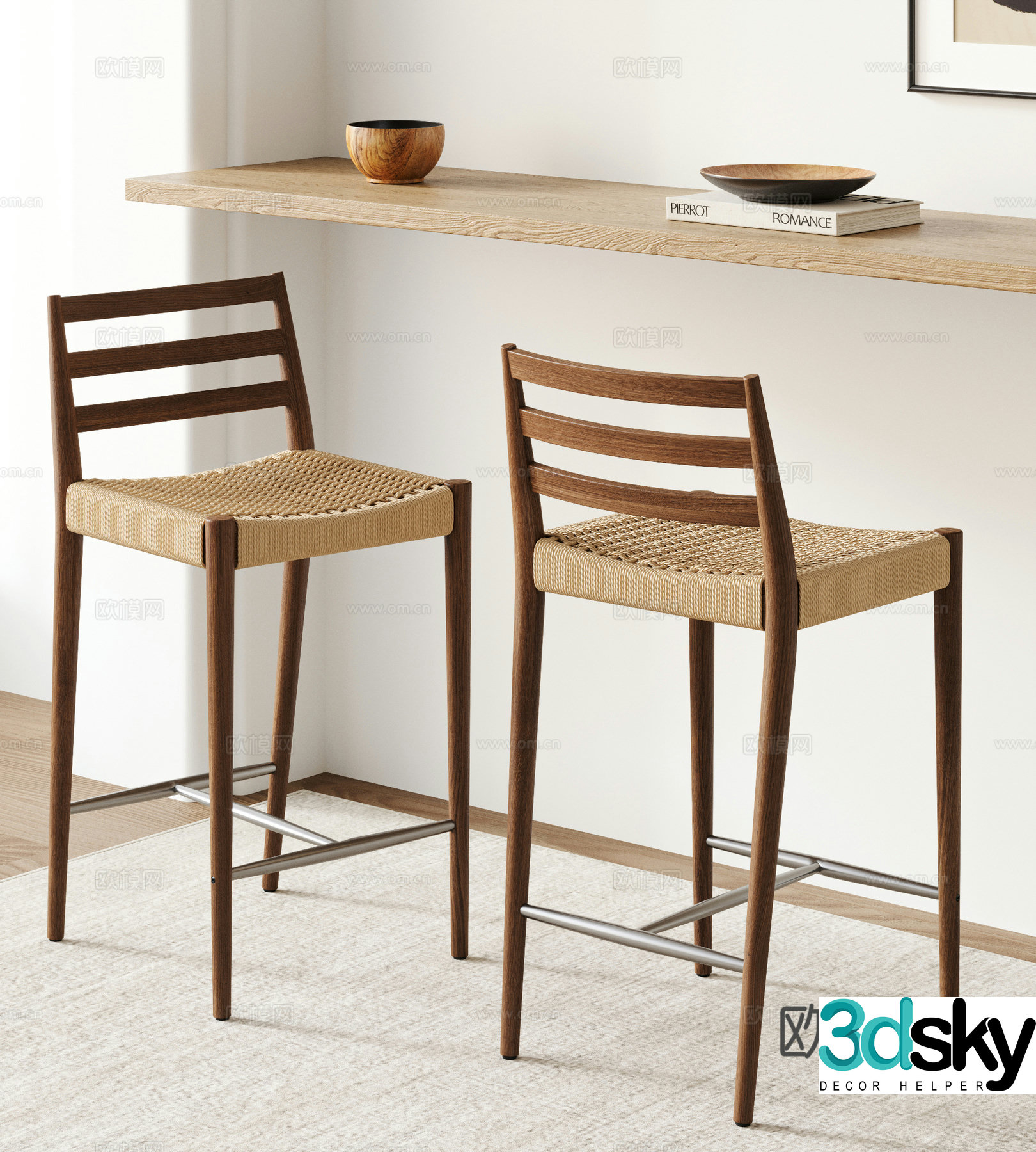 Middle-aged woven bar chair combination Wasabi bar chair Solid wood bar stool Bar chair Bar chair 3D model