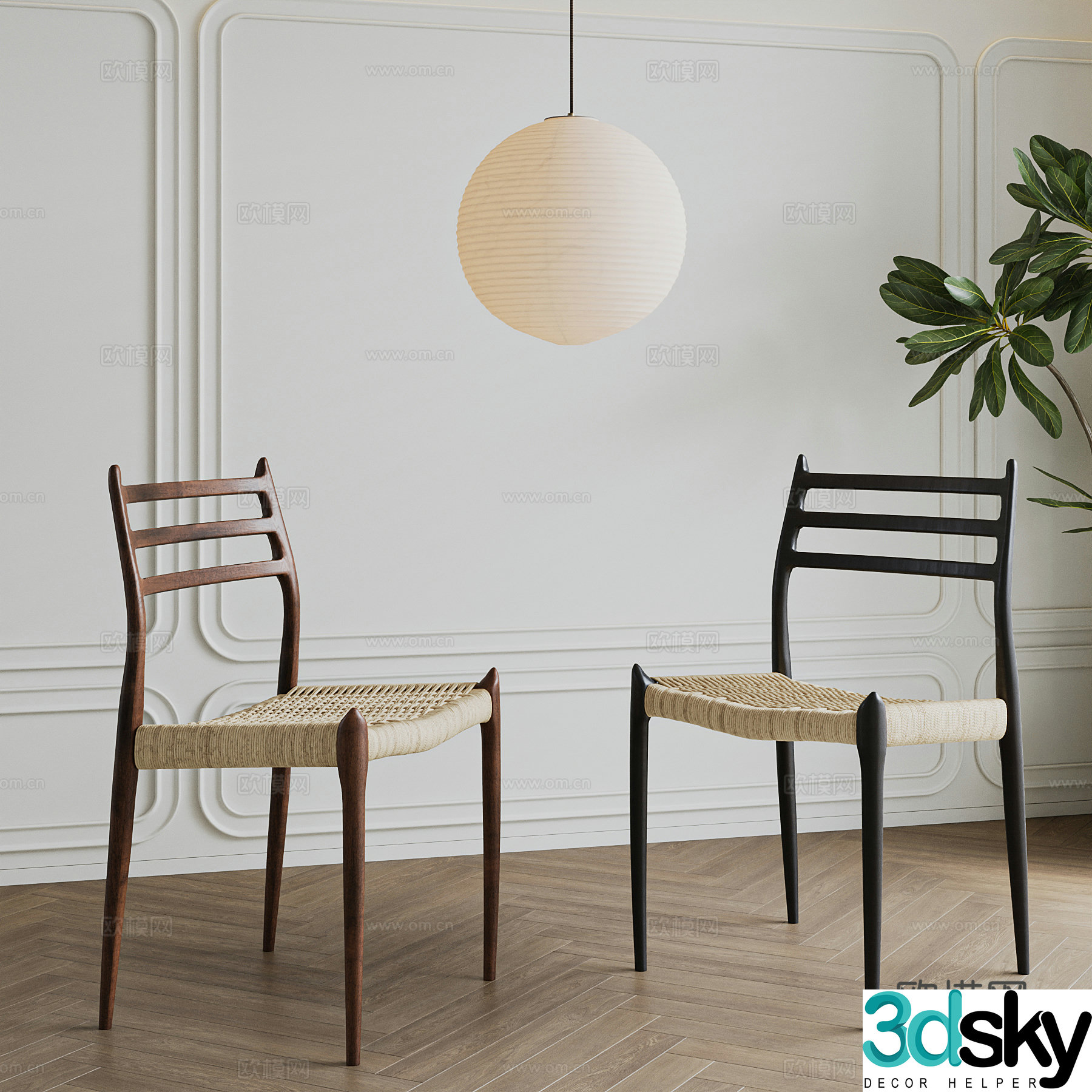 Wasabi Middle Style Dining Chair Combination Donat Dining Chair Solid Wood Dining Chair Braided Dining Chair Chandelier 3D Model