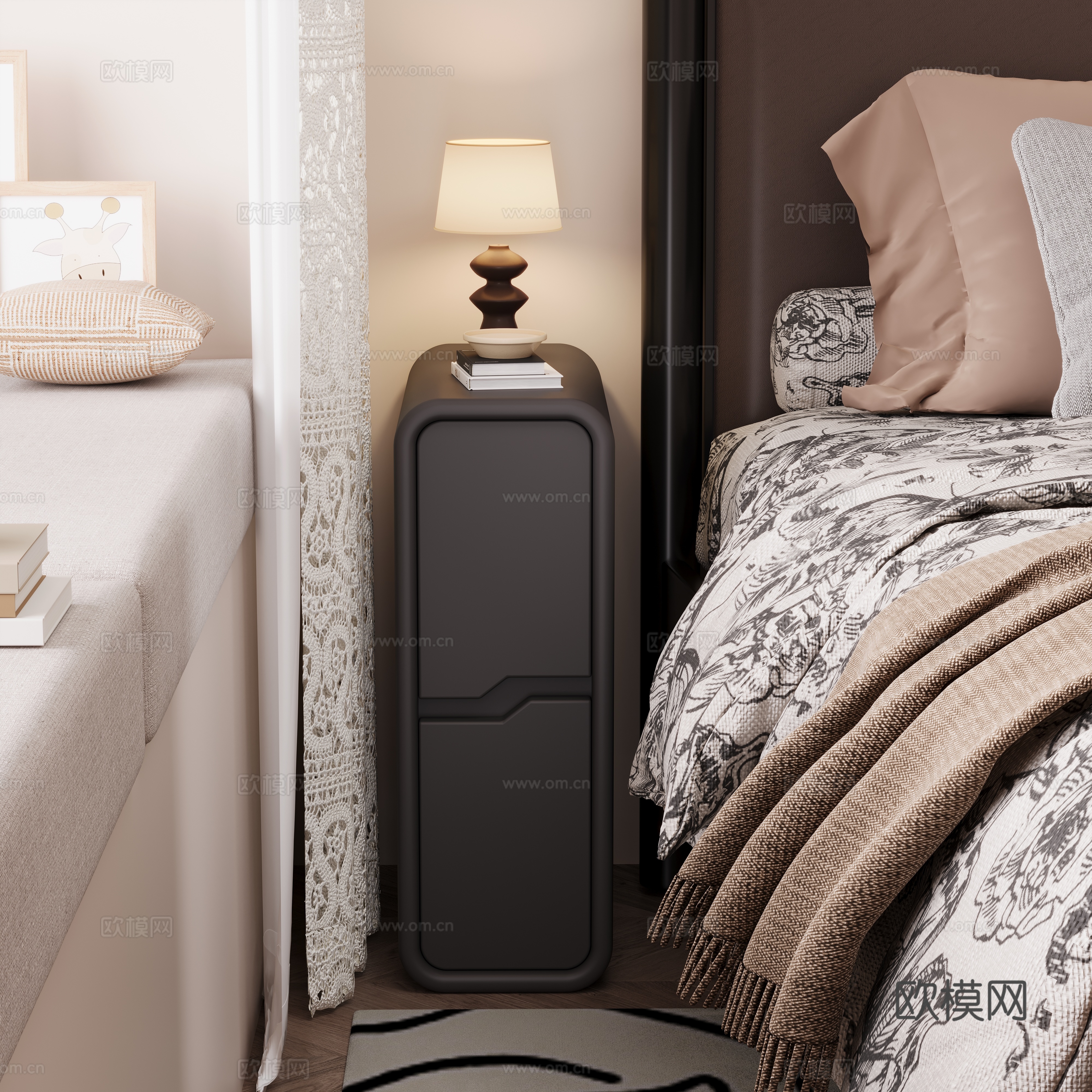 Bedside table bedroom bedding lace hollow desk lamp ornament book pillow 3d model