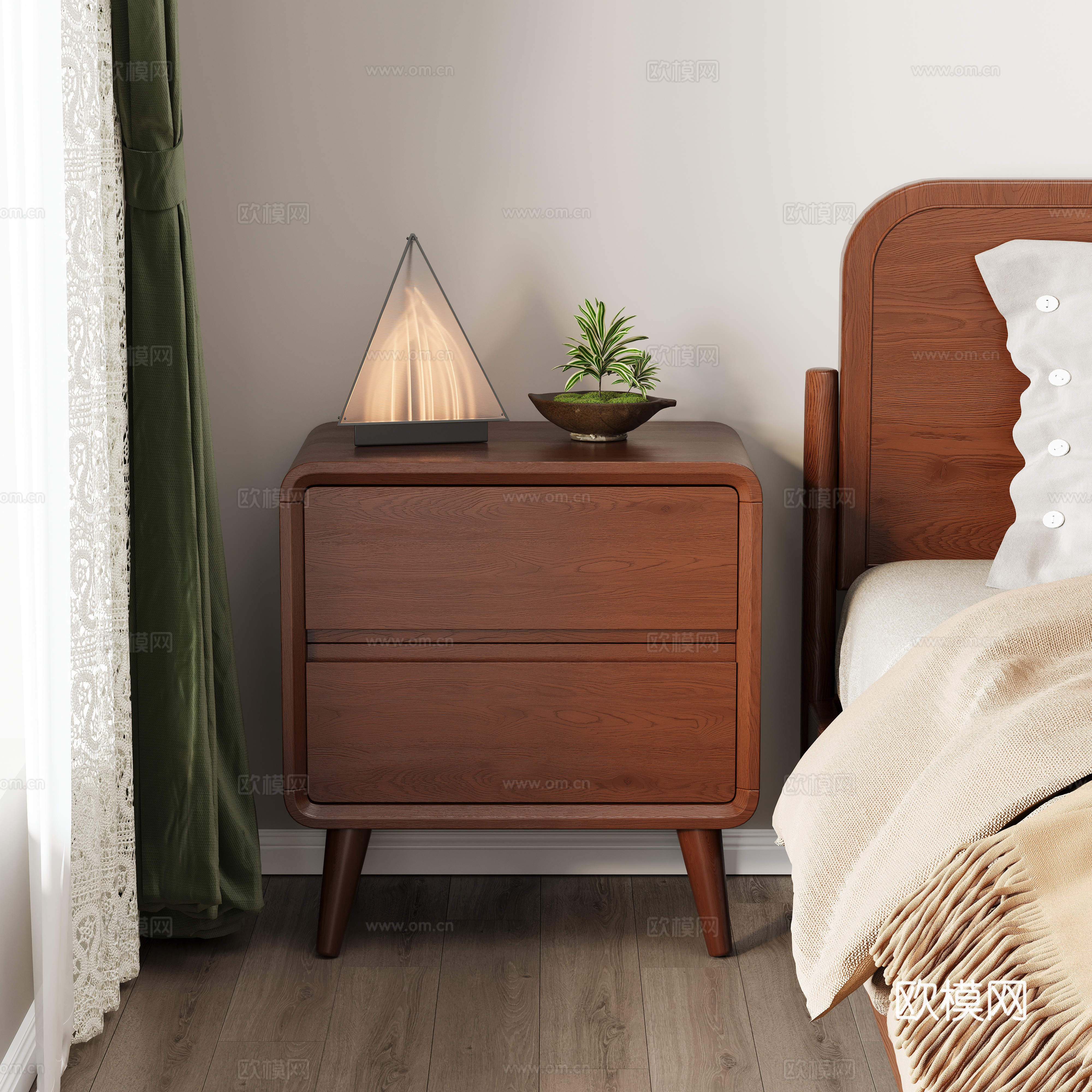 Solid wood bed solid wood bedside table bedding table lamp green plant decoration curtain sleeper floor skirting line 3d model