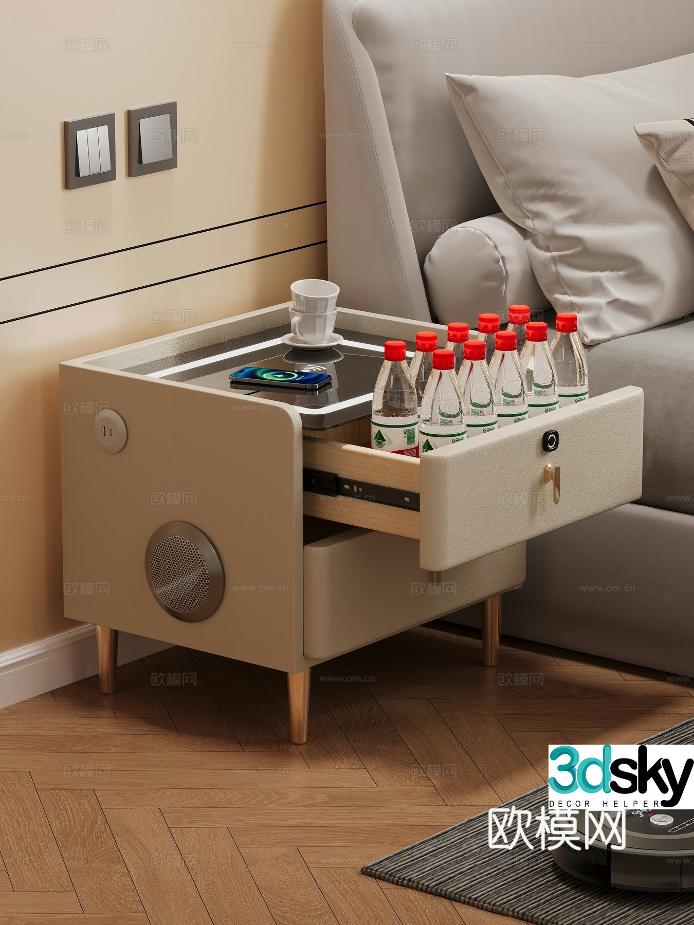 Smart bedside table mobile phone cup mineral water Nongfu Spring audio usb plug drawer slide track slide 3d model