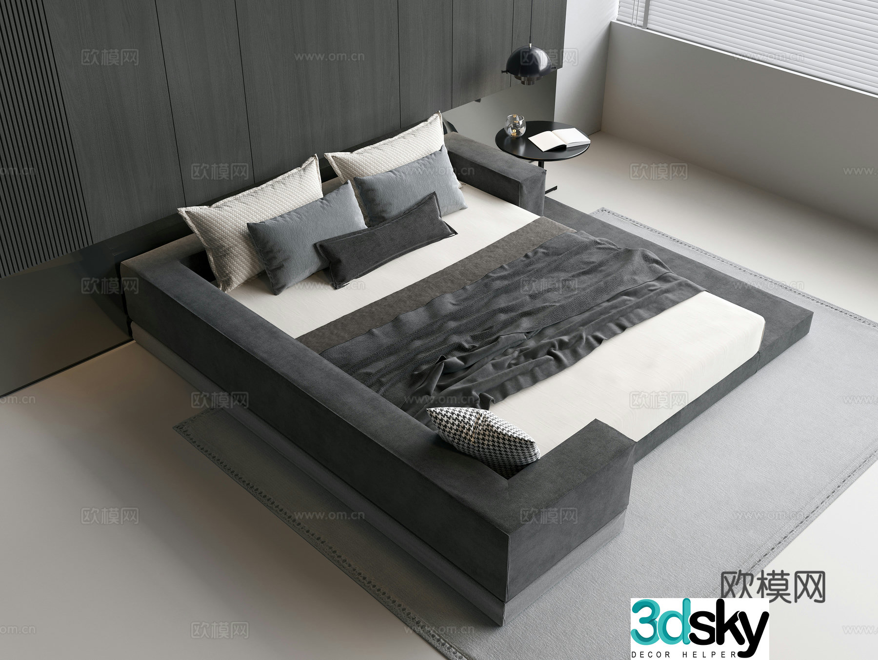 Modern fabric double bed tatami double bed pillow pillow hug quilt side table chandelier 3d model