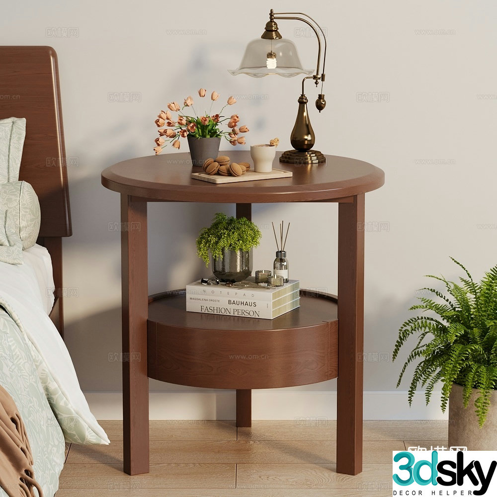Bedroom bedside table vase potted green plant book desk lamp coffee vase aromatherapy candle bed pillow quilt 3d model