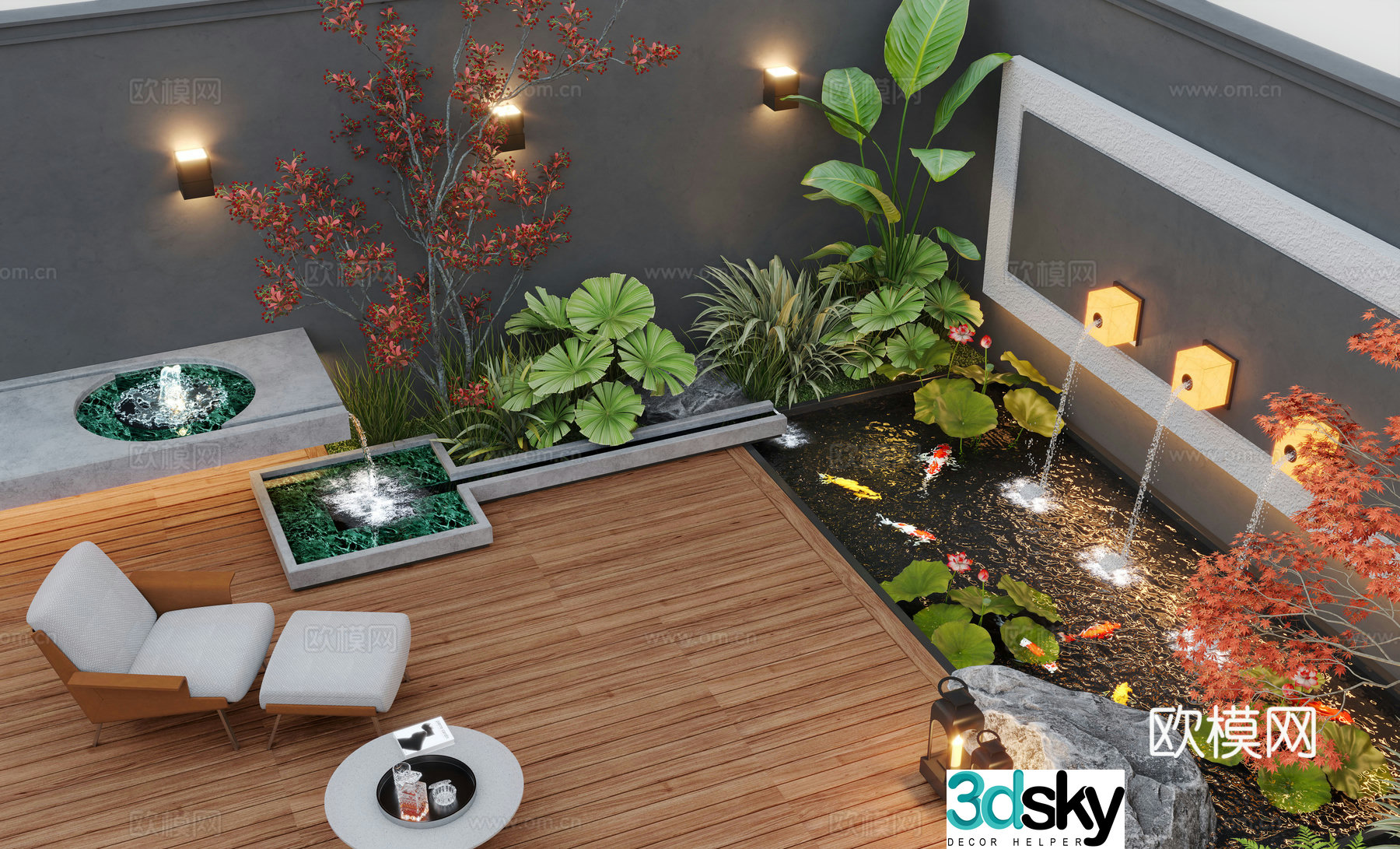 Modern courtyard landscape home yard garden waterscape stacked water fish pond 3d model