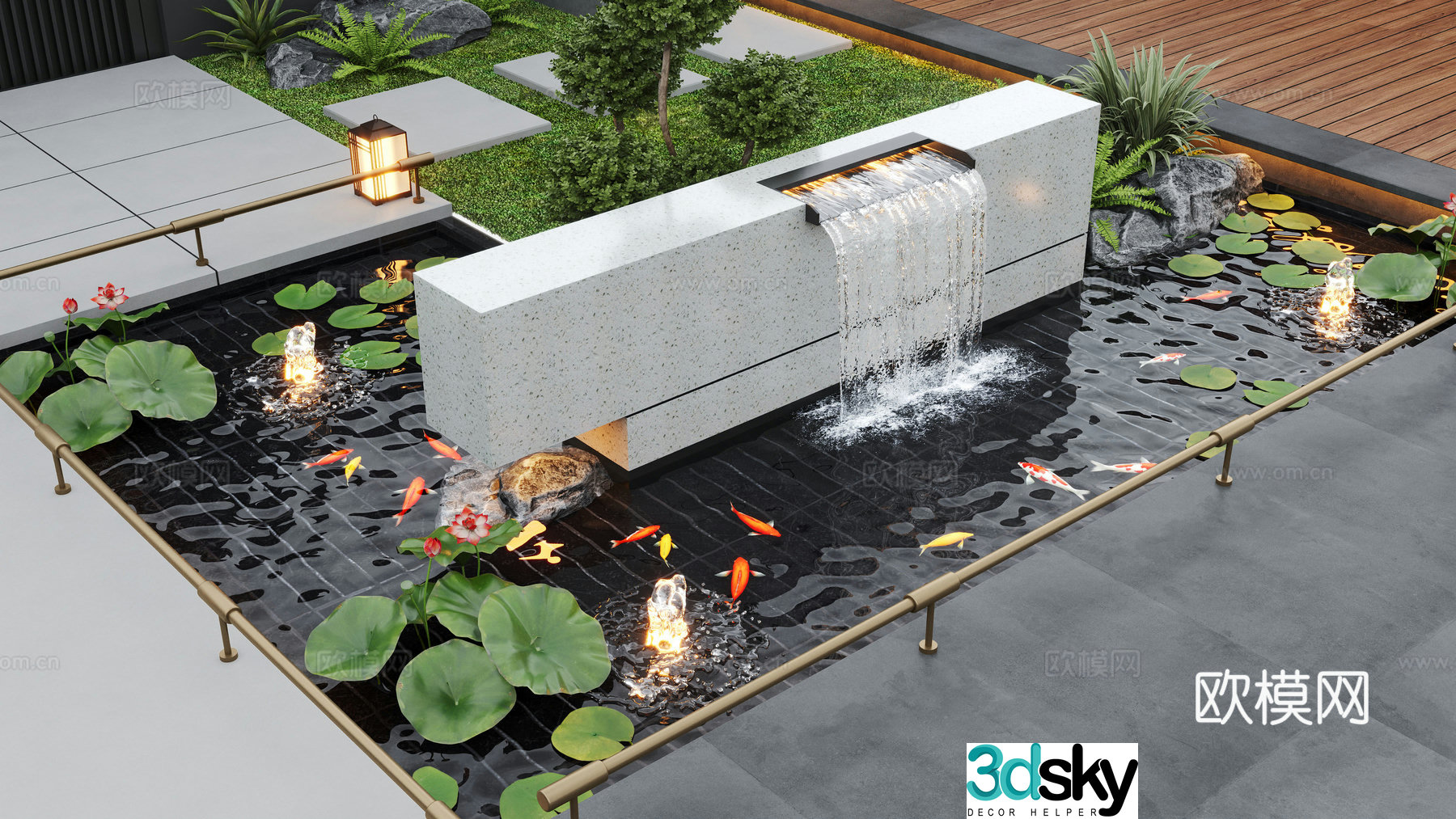 Modern courtyard landscape home yard garden waterscape stacked water fish pond 3d model