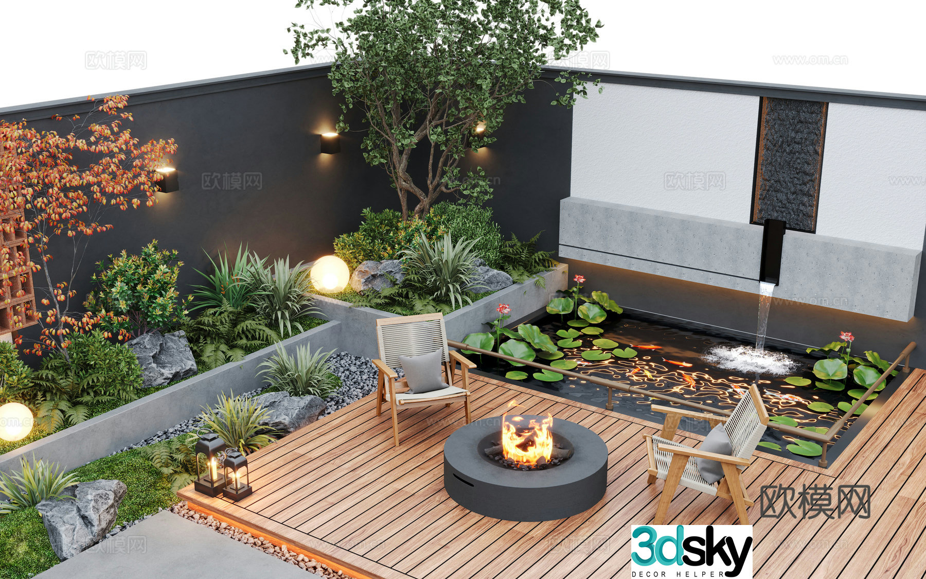 Modern courtyard landscape home yard garden waterscape stacked water fish pond 3d model
