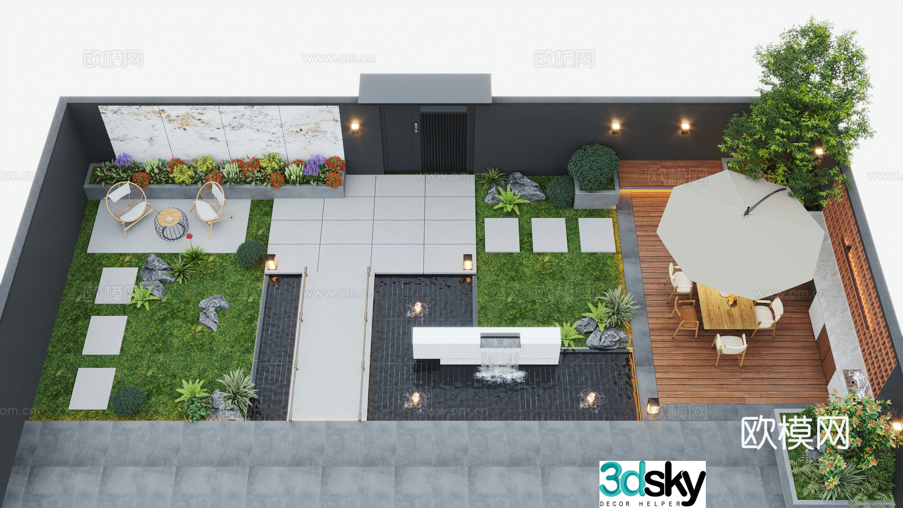 Modern courtyard landscape home yard garden waterscape stacked water fish pond 3d model