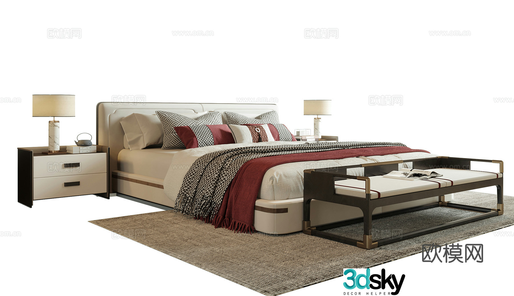 New Chinese style double bed bed tail stool bedside table 3D model