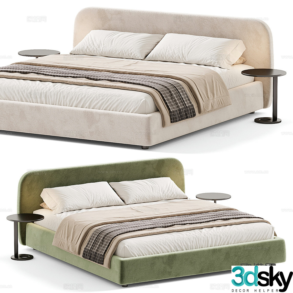 Modern cream style fabric double bed 3d model