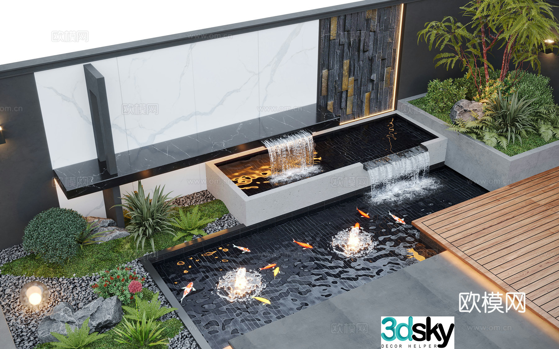 Modern courtyard landscape home yard garden waterscape stacked water fish pond 3d model
