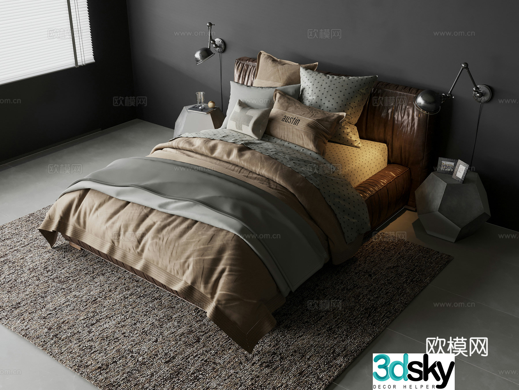 Leather double bed four-piece set on the bed pillow irregular side table metal wall light 3D model