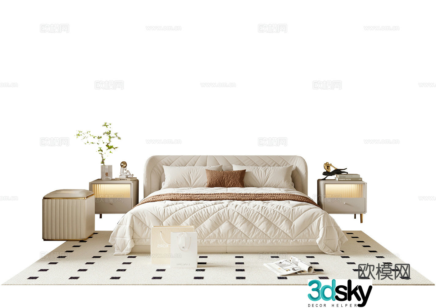 Creamy Double Bed 3D Model