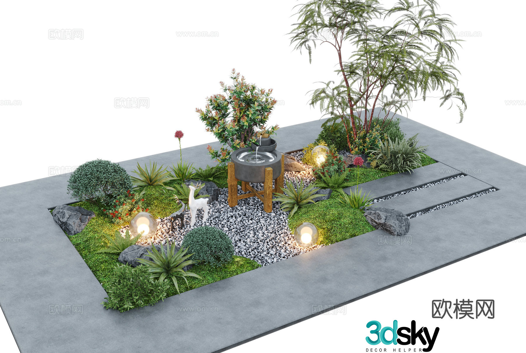 Modern courtyard landscape sketch Landscape plants Bruce plants Outdoor lamp Water bowl 3D model