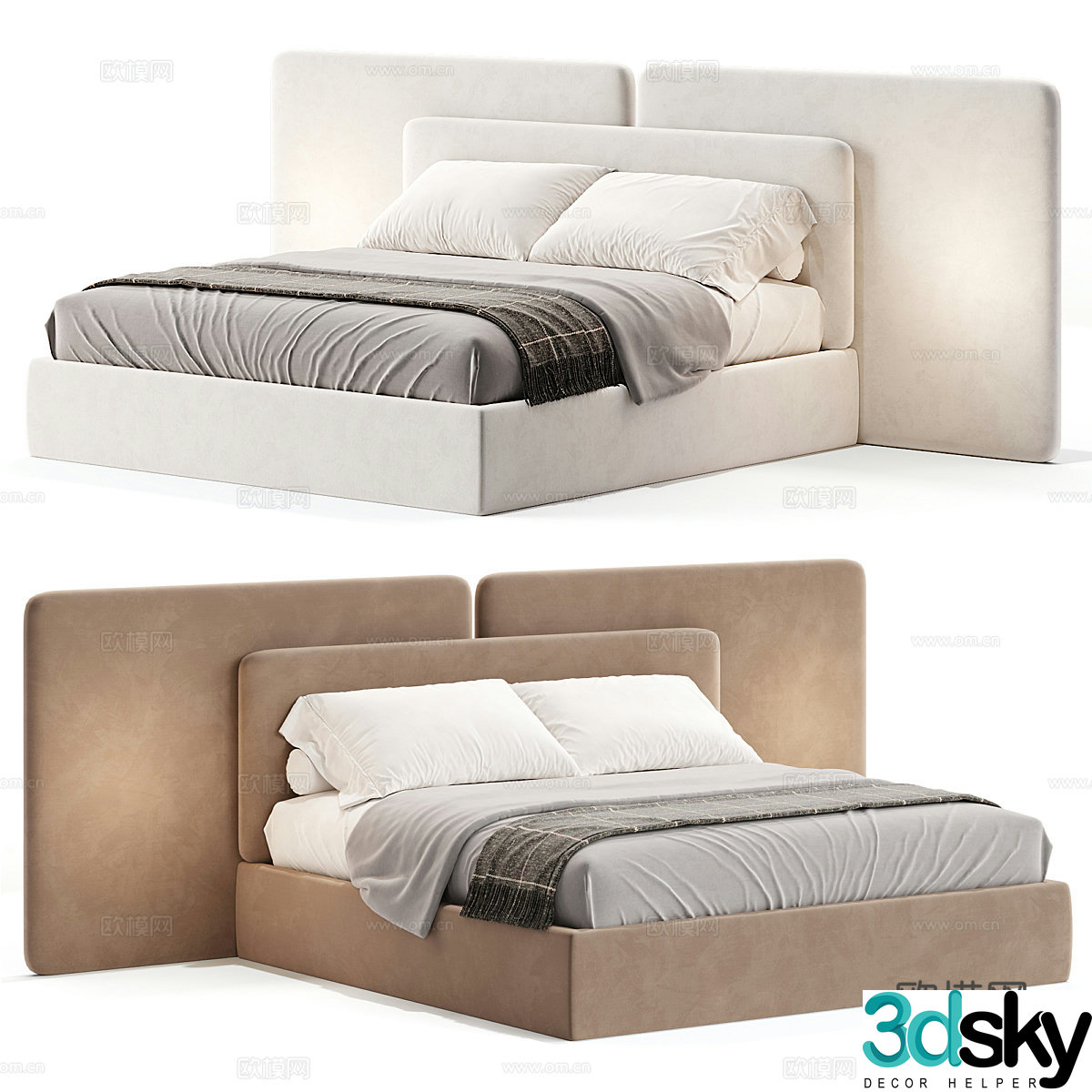 Modern cream style fabric double bed 3d model