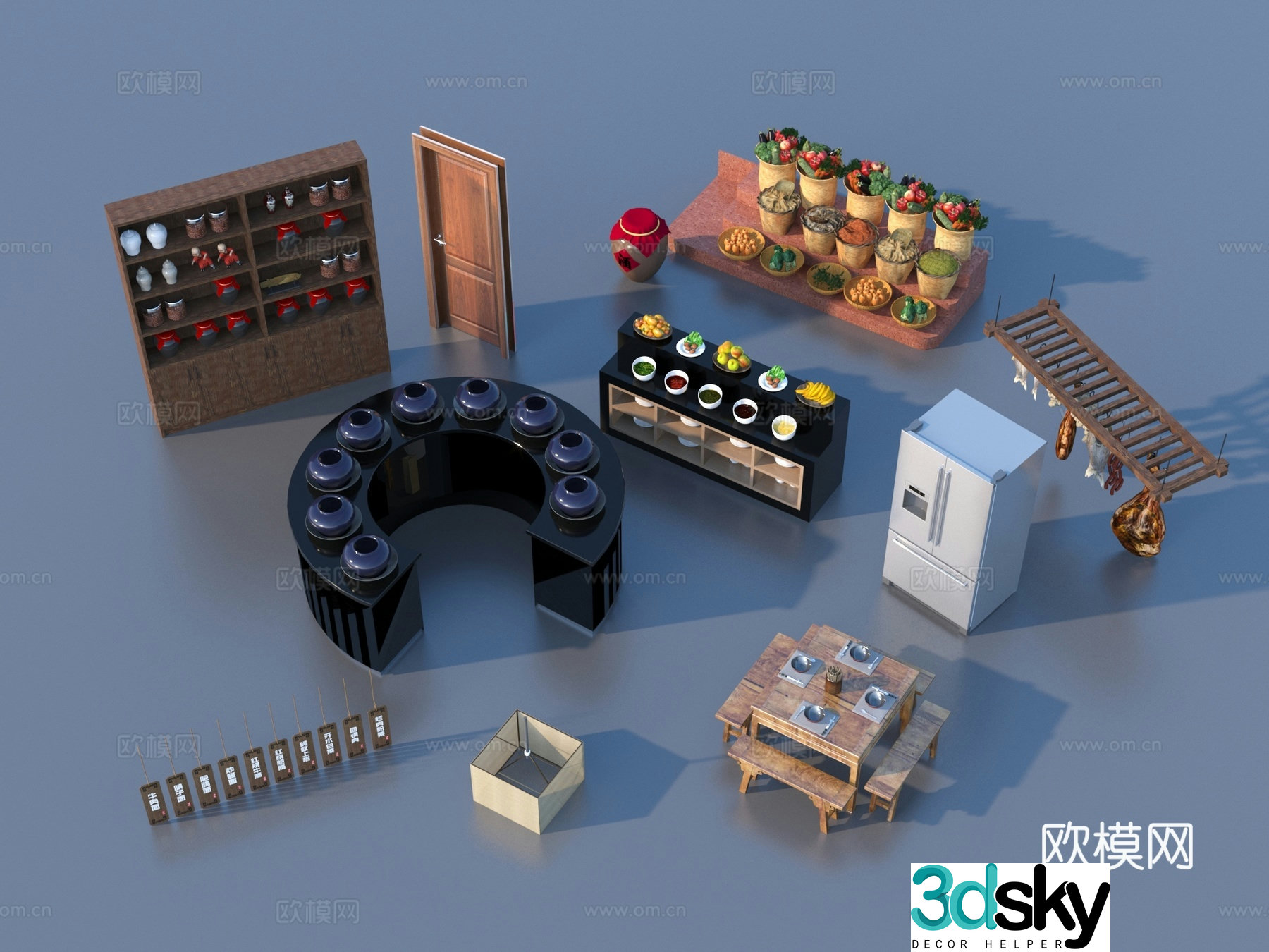 Kitchen utensils vegetables fruits grains spices grains 3D model