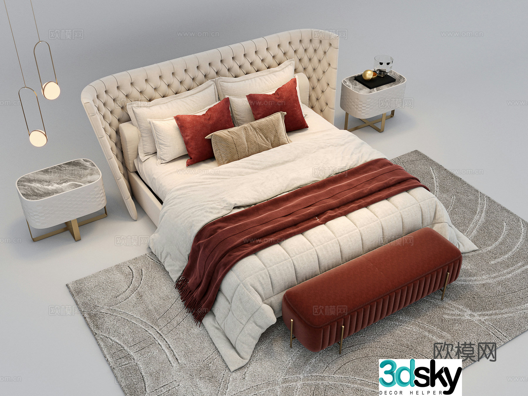 French American fabric double bed 3D model