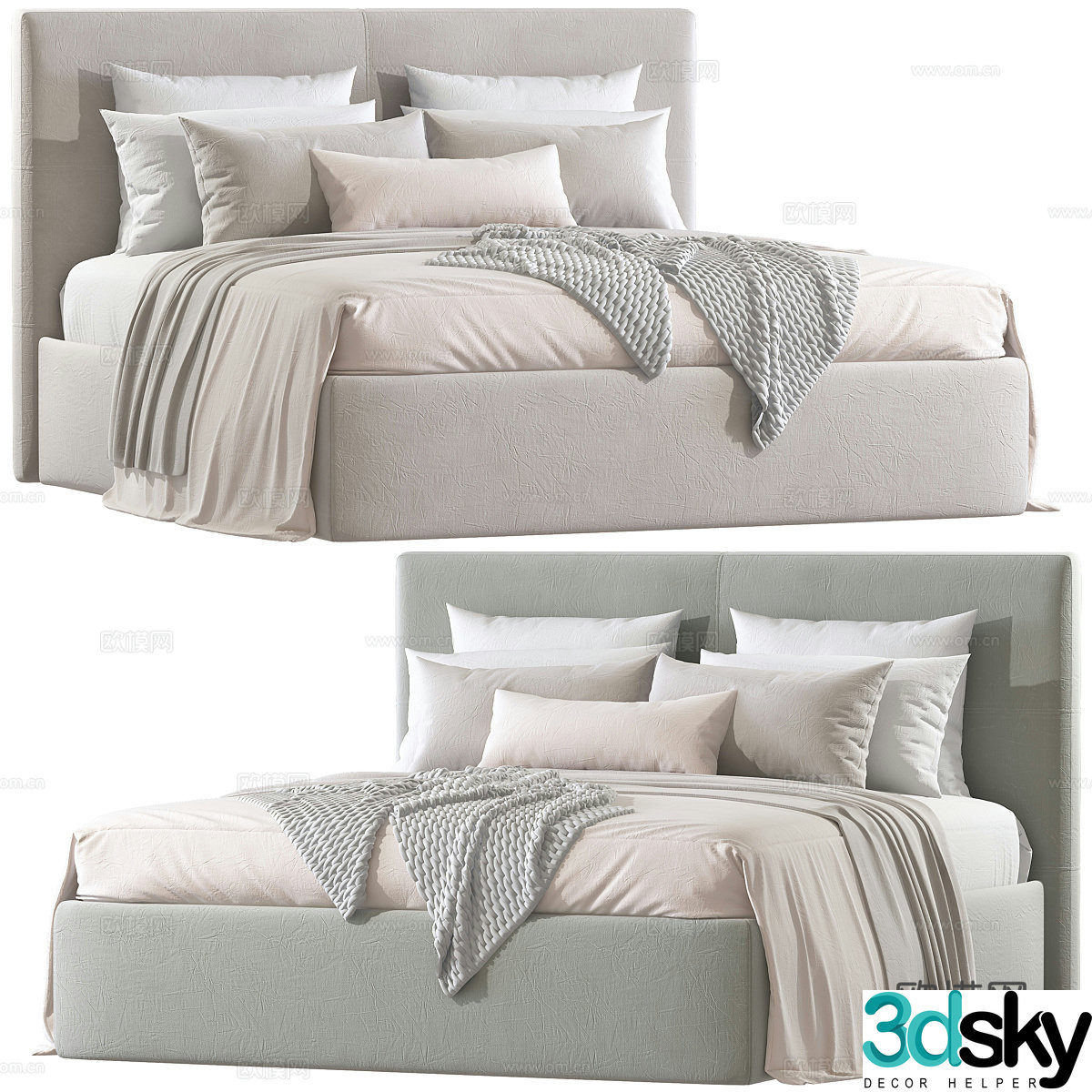 Modern cream style fabric double bed 3d model