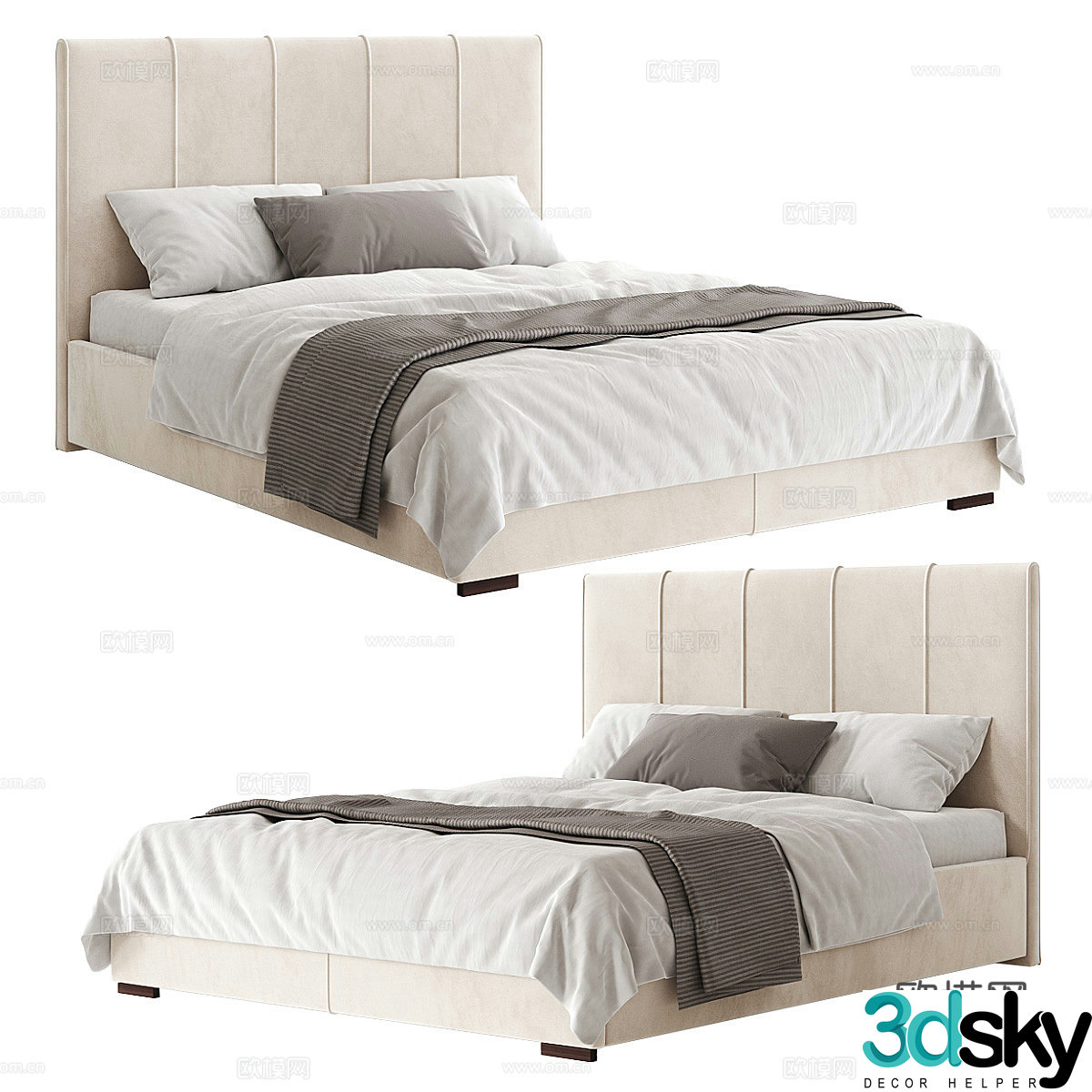 Modern cream style fabric double bed 3d model