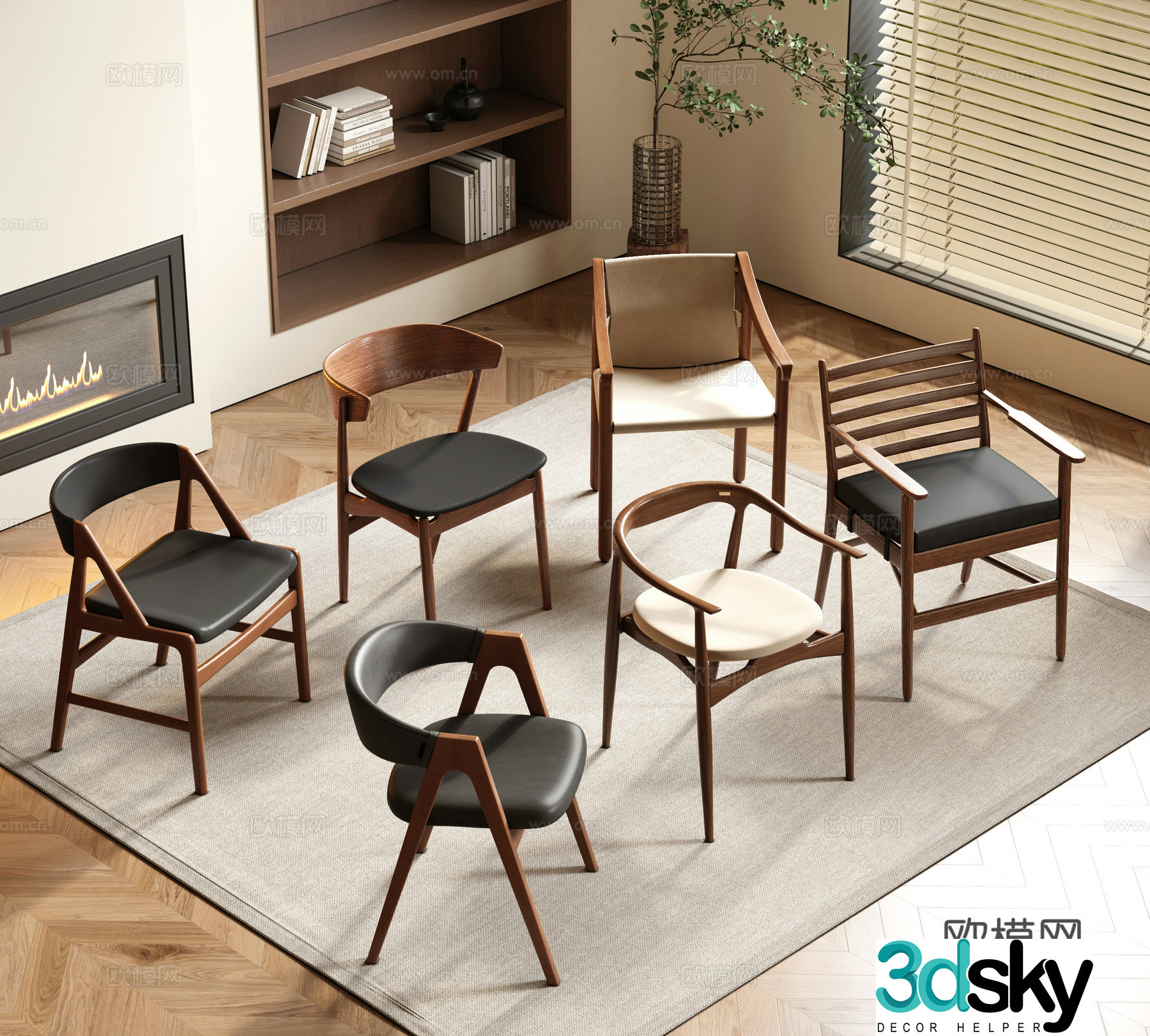 Modern retro leisure chair book chair solid wood single chair dining chair 3d model