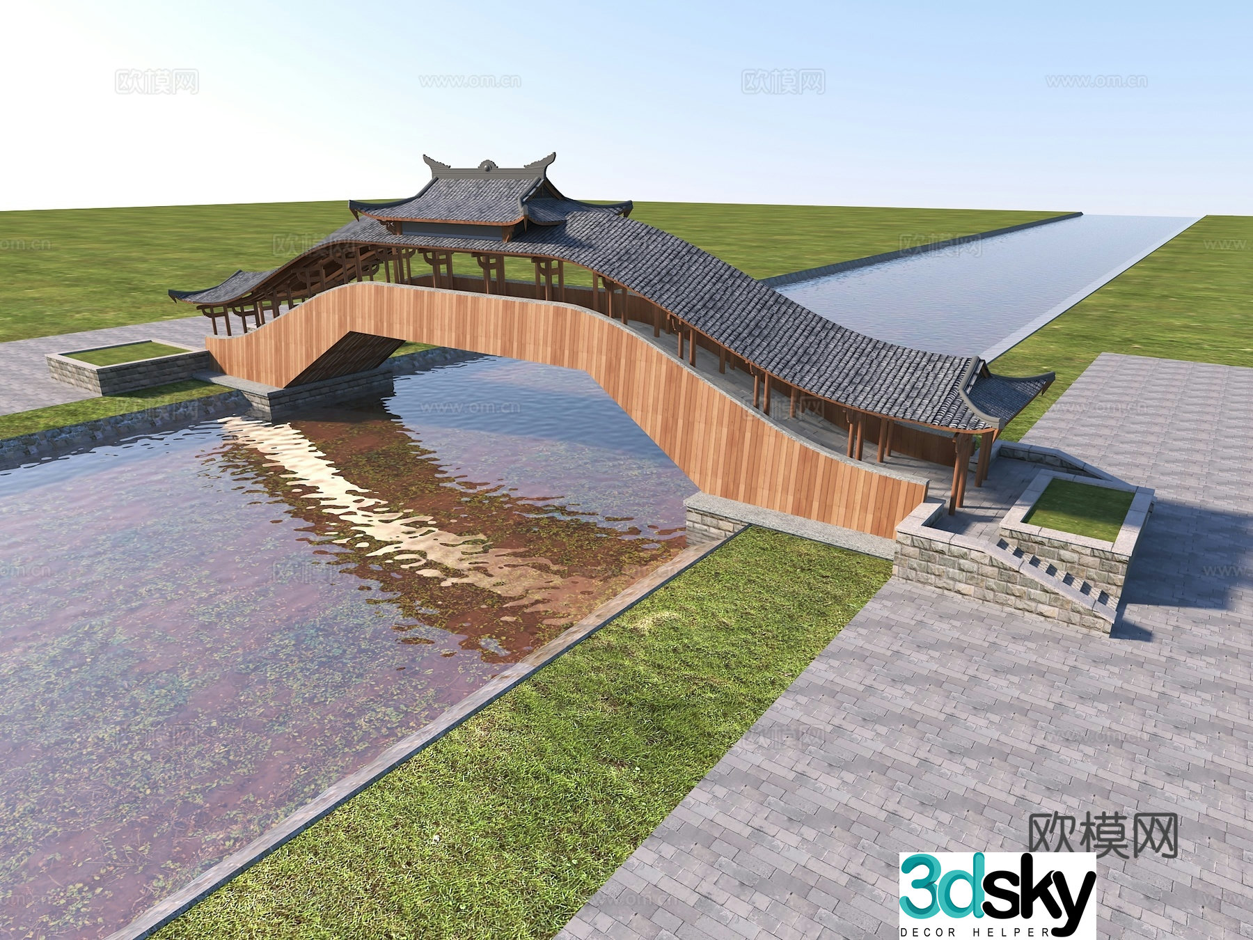 Chinese style cover bridge Small cover bridge 3D model