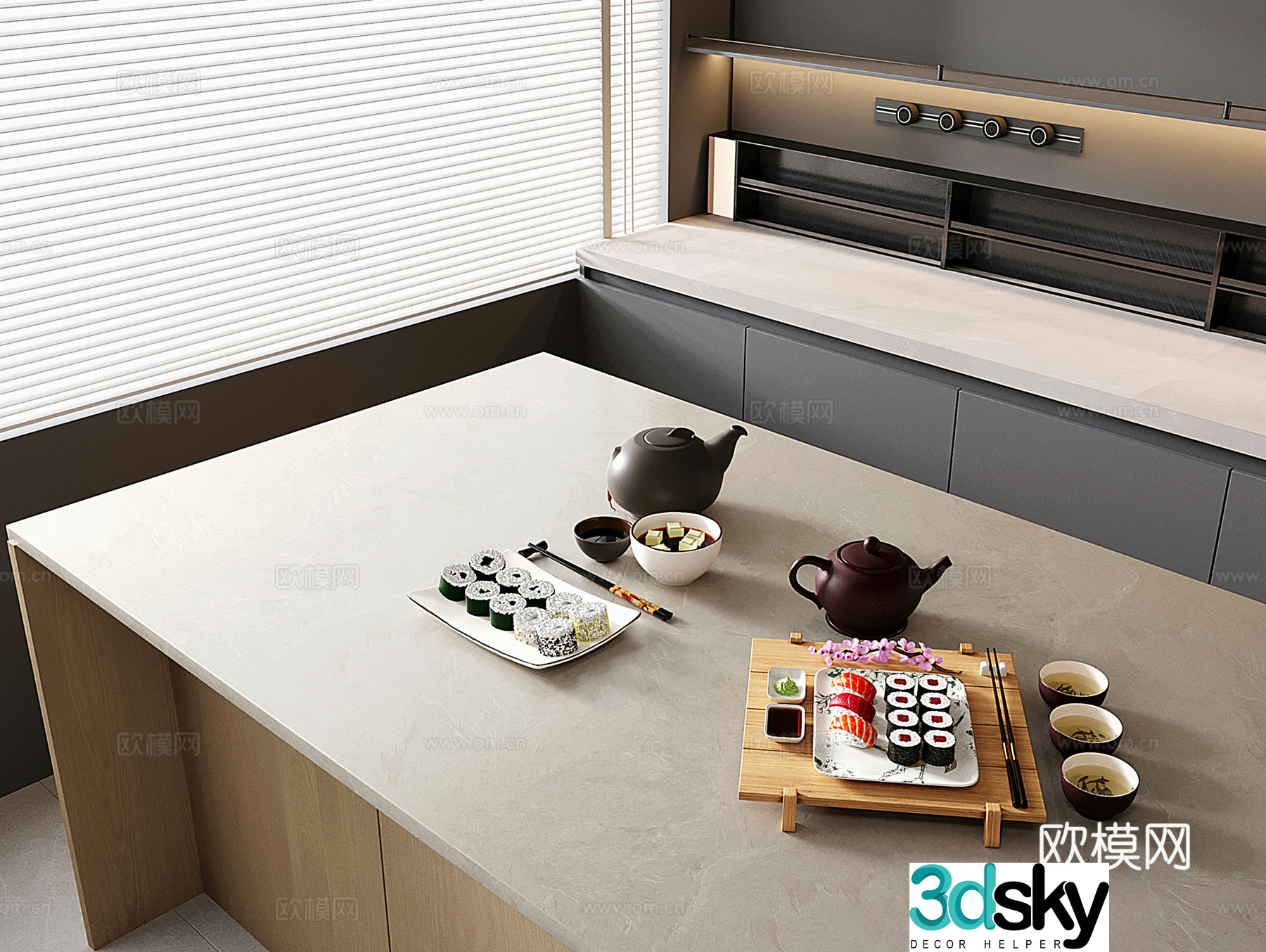 Modern food sushi tea set 3d model