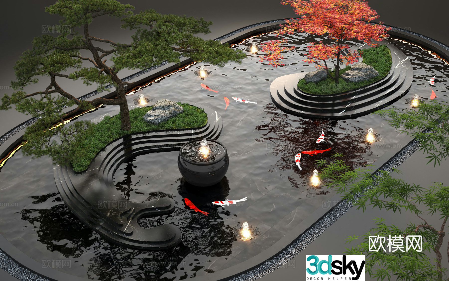 Modern water landscape garden waterscape water bowl stacked water water drop fish pond fish pond 3d model