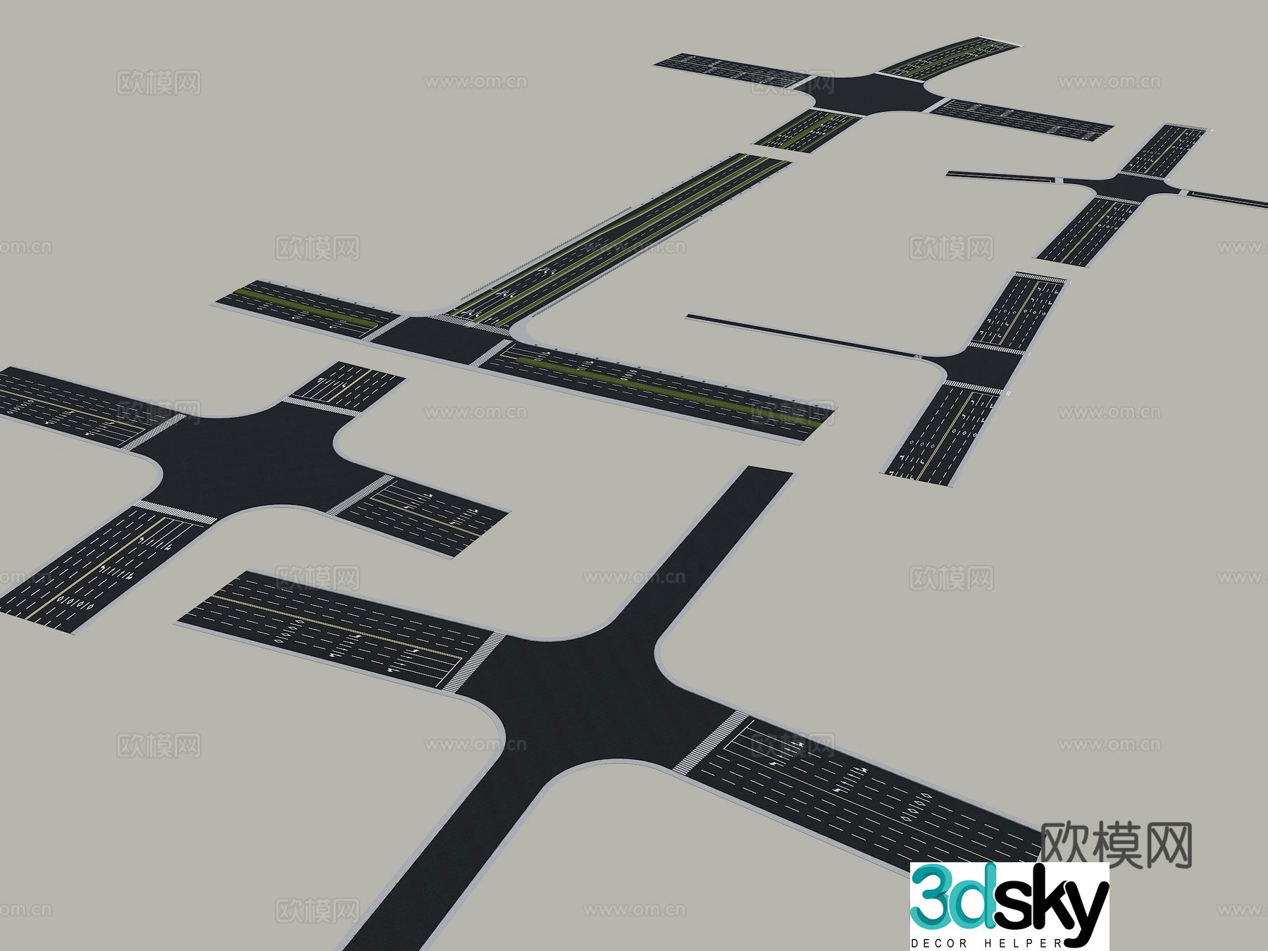 Modern road cross bitter mouth road intersection T-shaped intersection three-way intersection lane road 3D model