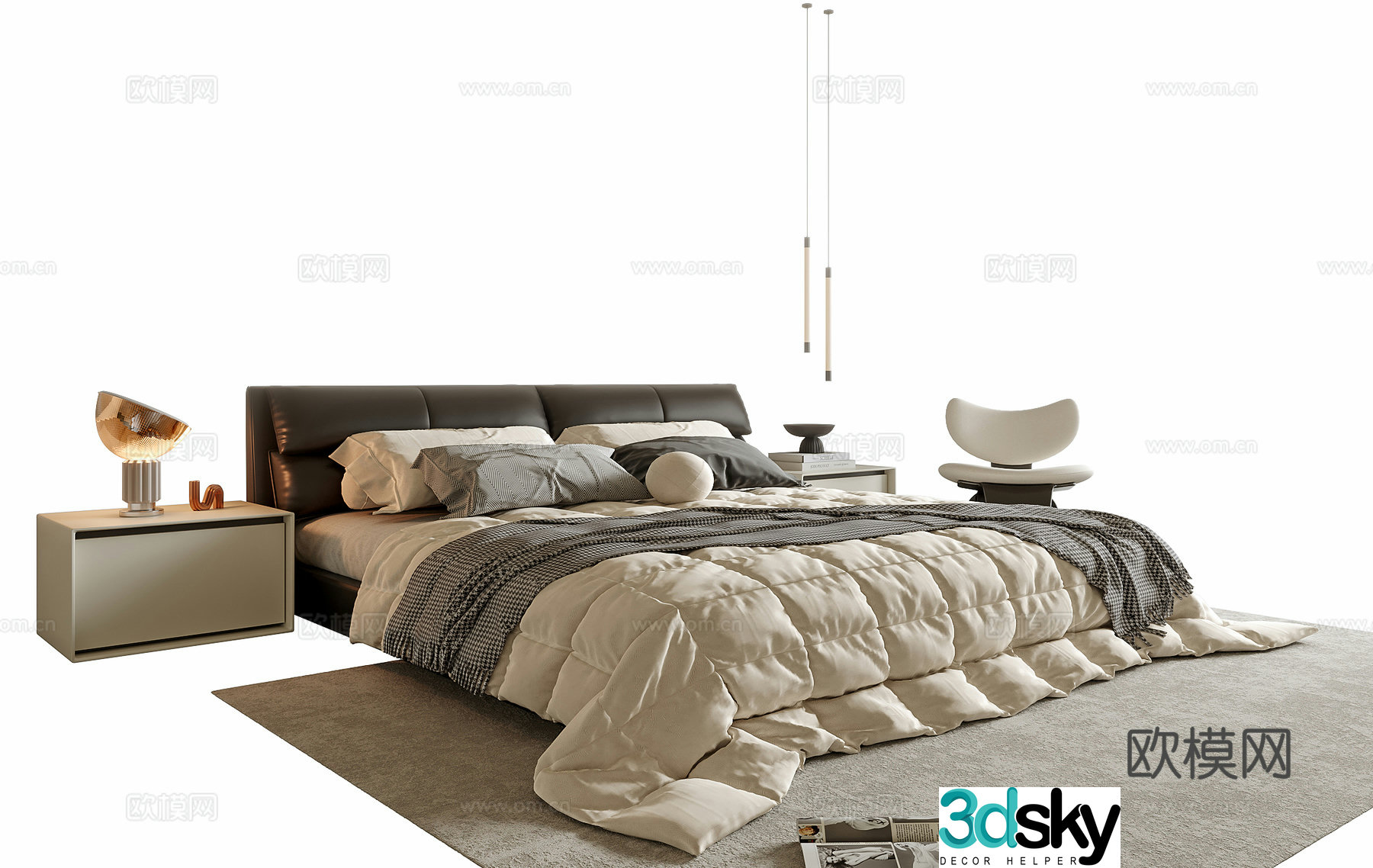 Modern double bed nightstand restaurant chandeliers lounge chair 3d model