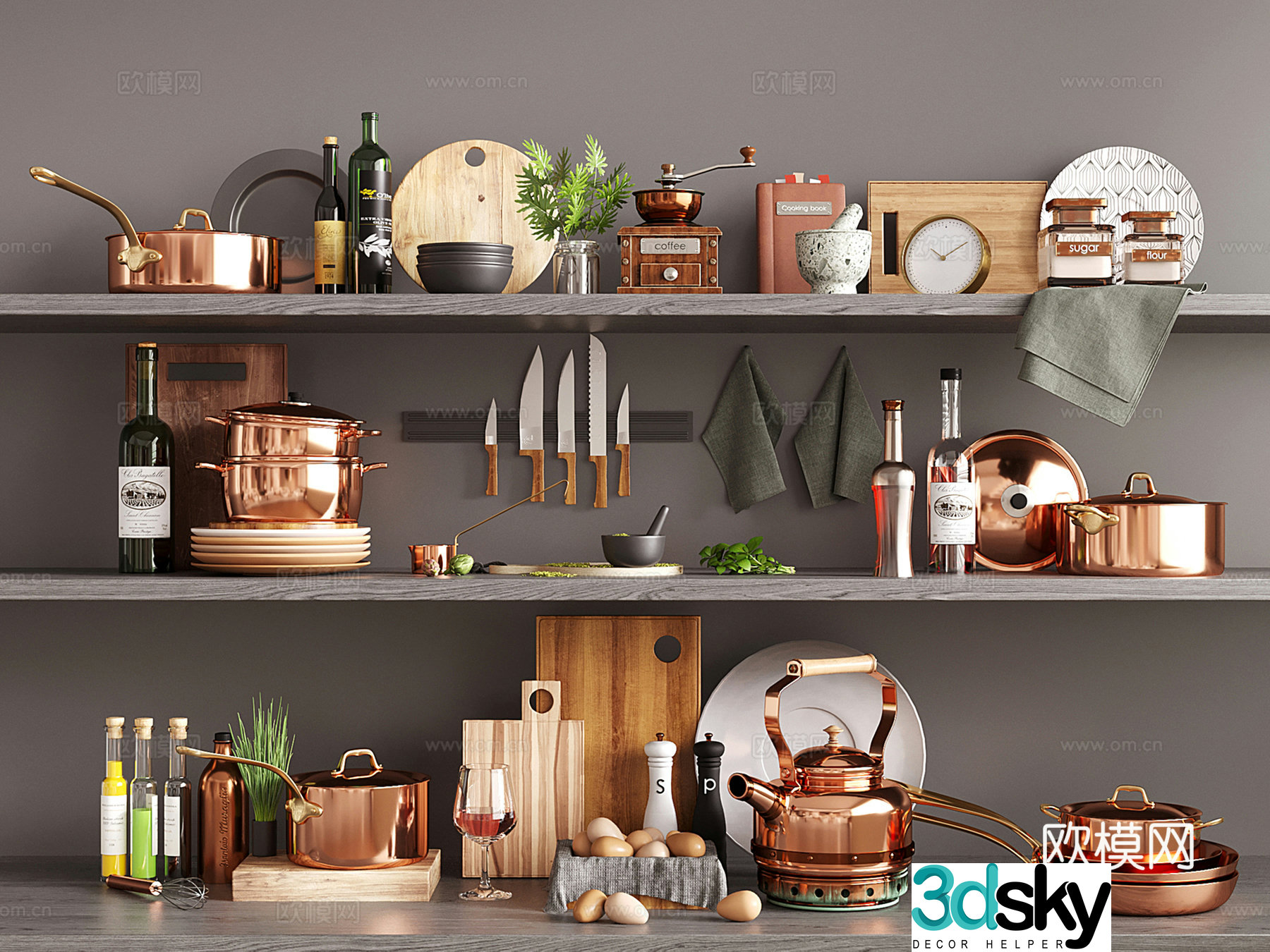 Modern kitchen utensils seasoning bottles pots and utensils kitchen supplies tableware combination 3D model